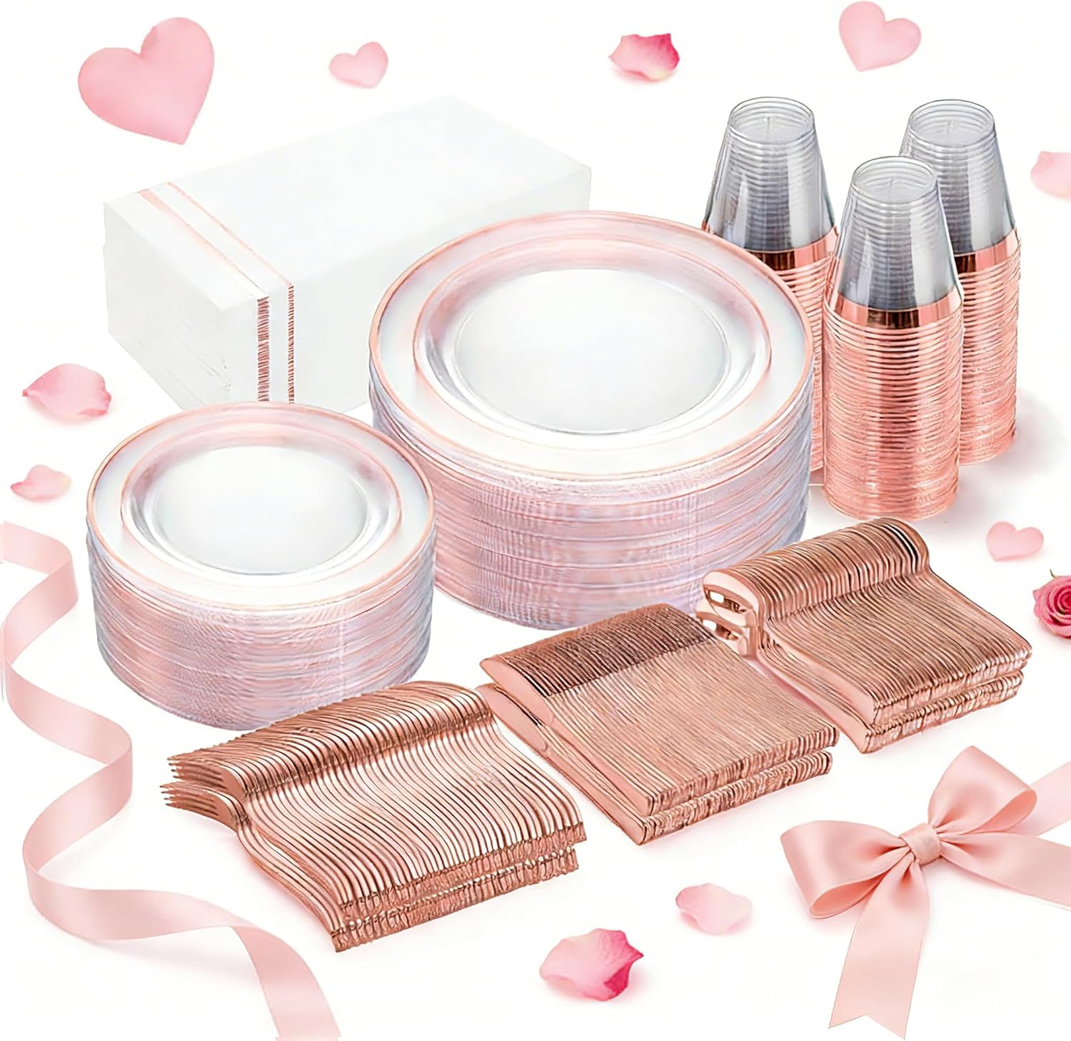 GATHER 350PCS Rose Gold Plastic Plates - Disposable Rose Gold Dinnerware Includes 100 Clear Rose Golds Rimmed Plastic Plates, 150 Silverware, 50 Napkins, 50 Cups for Party, Wedding, Valentine's Day