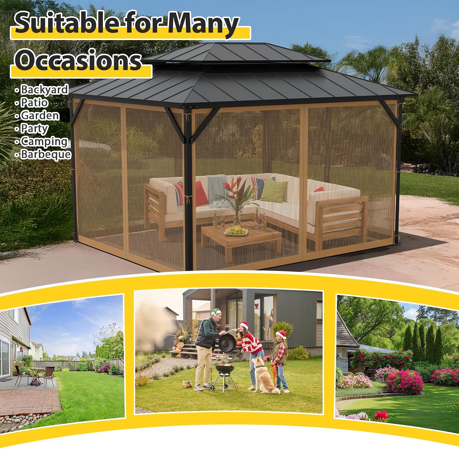 Gazebo Netting Replacement 10'x12', Universal Mosquito Netting Gazebo Mesh with Zipper, Screen Gazebo Canopy Net Panels Only, Outdoor Mosquito Netting for Gazebo Porch Camping Patio Garden Pergola