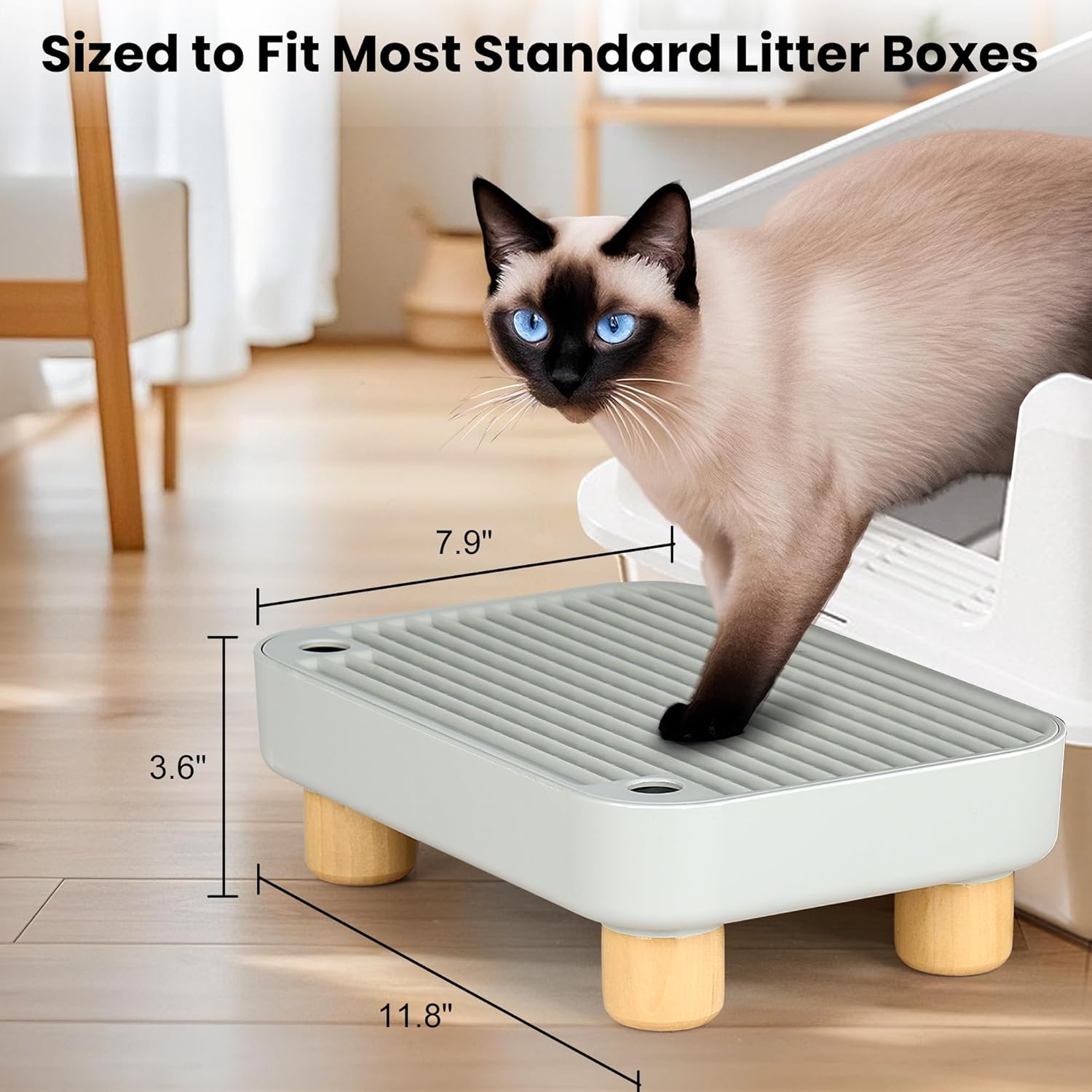 Litter Box Step, Litter Box Ramp/Catcher with Wooden Base, Anti-Tracking & Easy to Clean, Ideal for Small & Elderly Cats (Grey)