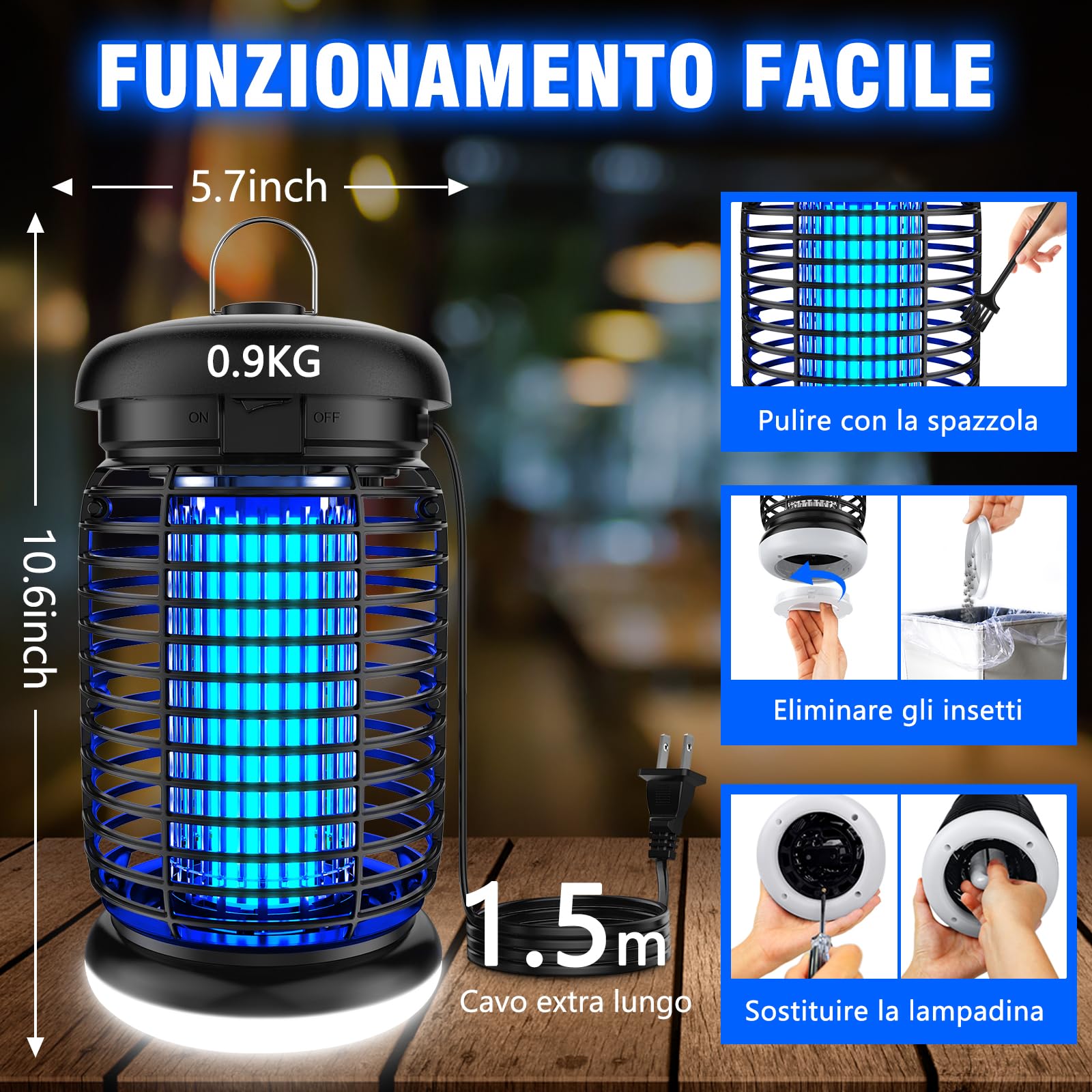 seenlast Lampada Antizanzare Elettrica, Lampada Zanzare 15W 4200V UV Zanzariera Elettrica Impermeabile IPX4, Uccidi Trappola Insetticida Zanzare per Giardino Interno Esterno (Con Gancio e Led Luce)