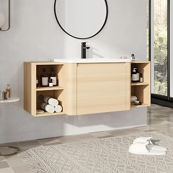 52" Floating Vanity with Sink, 52 Inch Bathroom Vanity, Single Sink Wall Mounted Vanity Combo, Modern Brown Bathroom Vanity Set with 1 Soft Close Door and White Basin Sink
