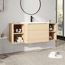 52" Floating Vanity with Sink, 52 Inch Bathroom Vanity, Single Sink Wall Mounted Vanity Combo, Modern Brown Bathroom Vanity Set with 1 Soft Close Door and White Basin Sink
