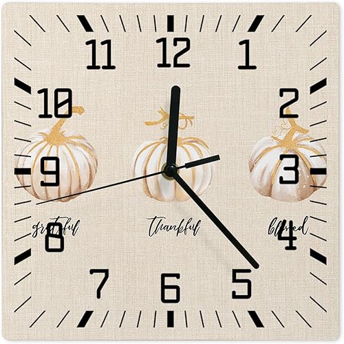 Thanksgiving Wooden Wall Clock Silent Non Ticking, Fall White Pumpkins Yellow Line Grey Square Wall Clock Battery Operated, Decor Clock for Home