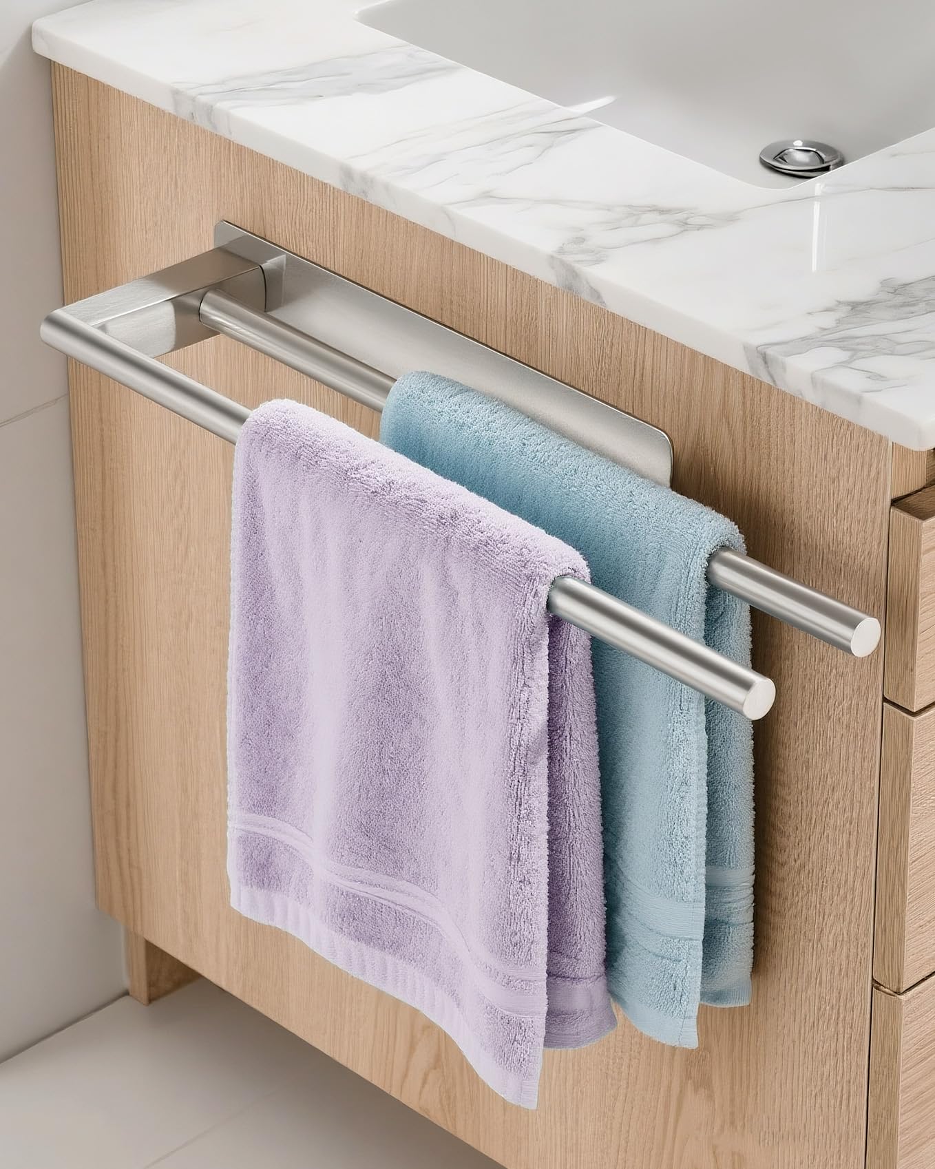 Ribelli Towel Bar No Drilling Double 304 Stainless Steel, Two Arms Towel Bar, Self Adhesive, Guest Towel Holder, Wall Mount for Bathroom, Kitchen, Silver