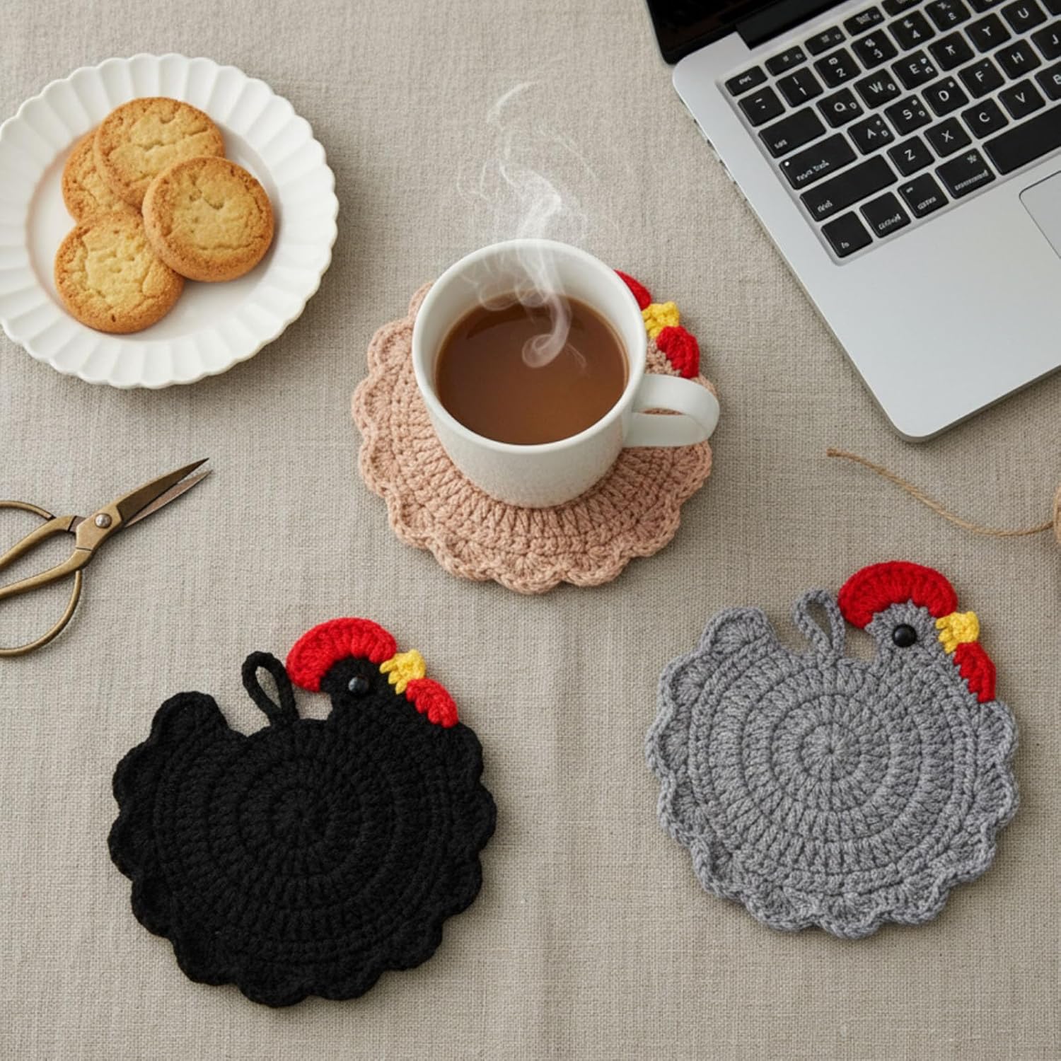 LemonRoad 6 Pcs Handmade Crochet Chicken Coasters Sets Funny Chick Gifts Coffee Tea Drink Coasters Chicken Lovers Must Have Cute Desk Accessories Home Decoration(Color 2,Vintage) - Image 3
