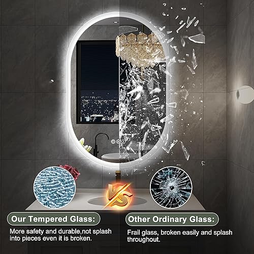 Miniatura 6 de S'bagno Espejo de baño ovalado LED de 24 x 36 pulgadas con altavoz Bluetooth, espejo iluminado de pared, espejo de tocador antiniebla, regulable,