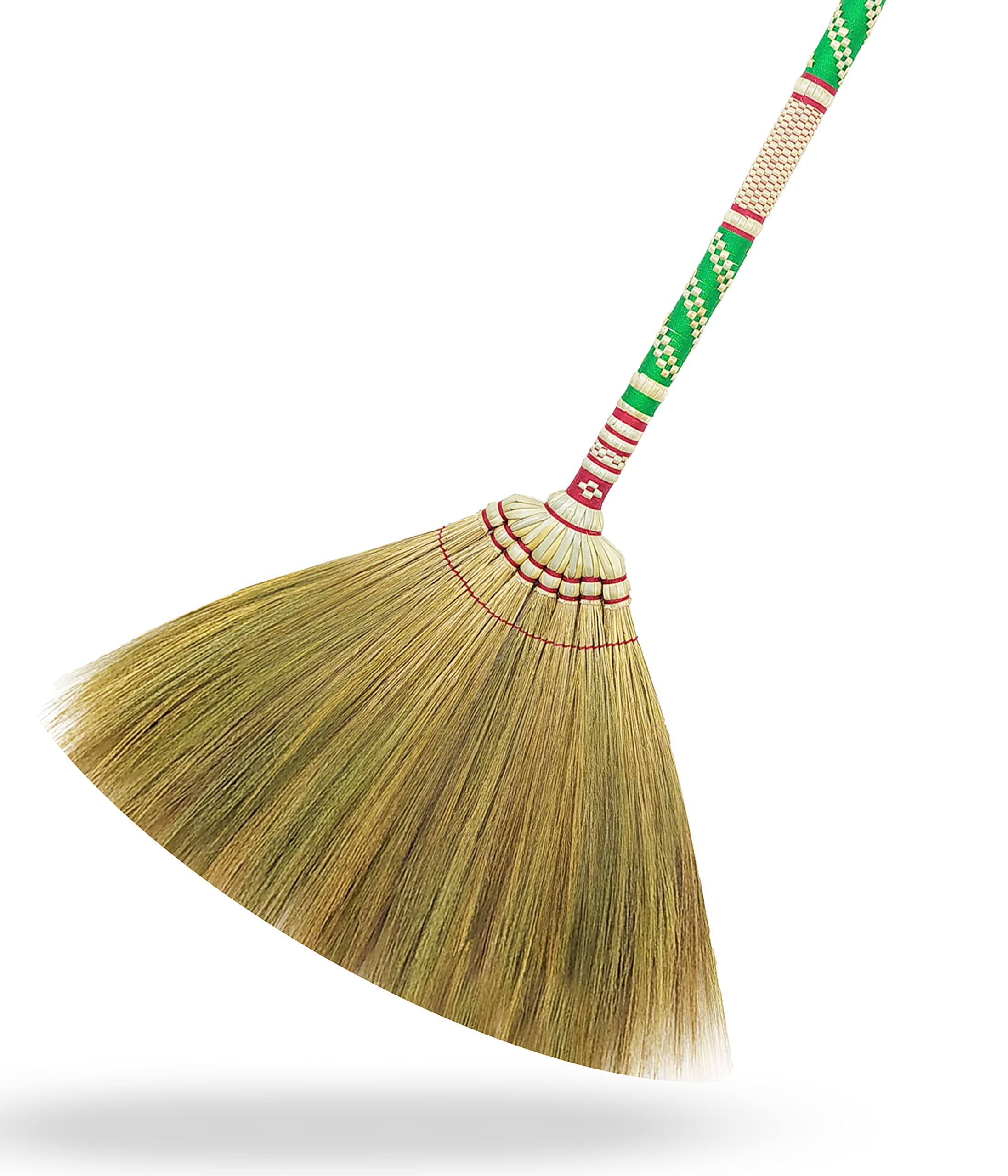 Natürlicher Grasbesen, Länge 99–101.6 cm, mit Bambus-Griff, für Innen- und Außenbereich, glatter und harter Boden, Grage, Schlafzimmer