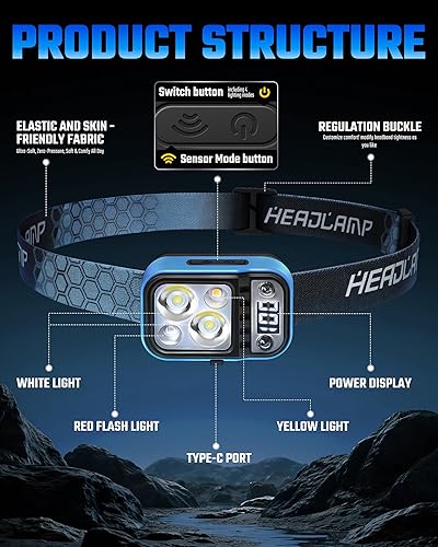 Miniatura 2 de DARKDAWN Linterna LED recargable, 5 modos USB C diadema linterna con sensor de movimiento, pantalla de alimentación digital, ajustable arribaabajo,