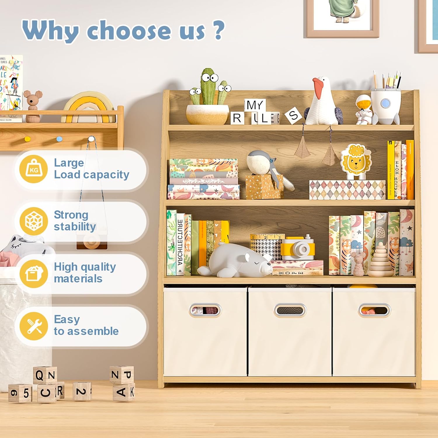 Kids Bookshelf with Toy Storage, 3 Tier Montessori Toy Shelf with Bookshelf, Wooden Kids Bookcase, Toddler Baby Bookshelf with 3 Removable Fabric Drawers, Toy Storage Organizer for Kids Room