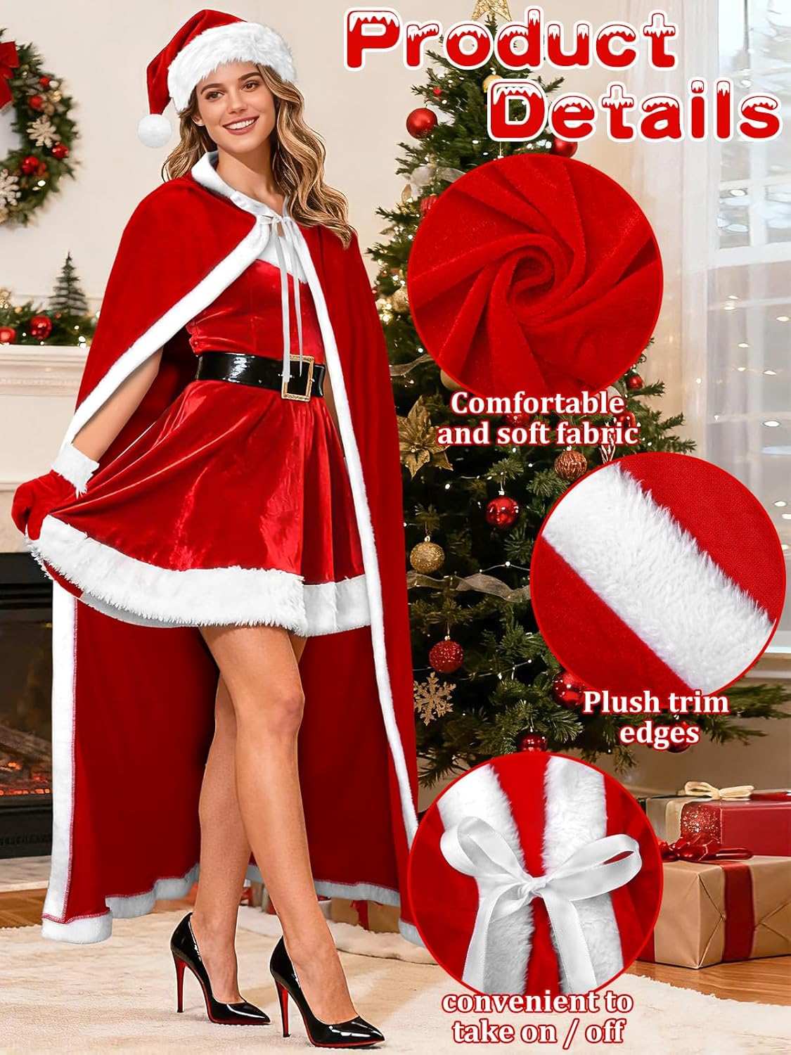 3 Pcs Christmas Santa Claus Costume, Christmas Santa Claus Robe Hooded Cloak Red Fur Velvet Gloves Hat Mrs Santa Claus Velvet Hooded Cape Robe for Women Party Cosplay Costume - Image 5
