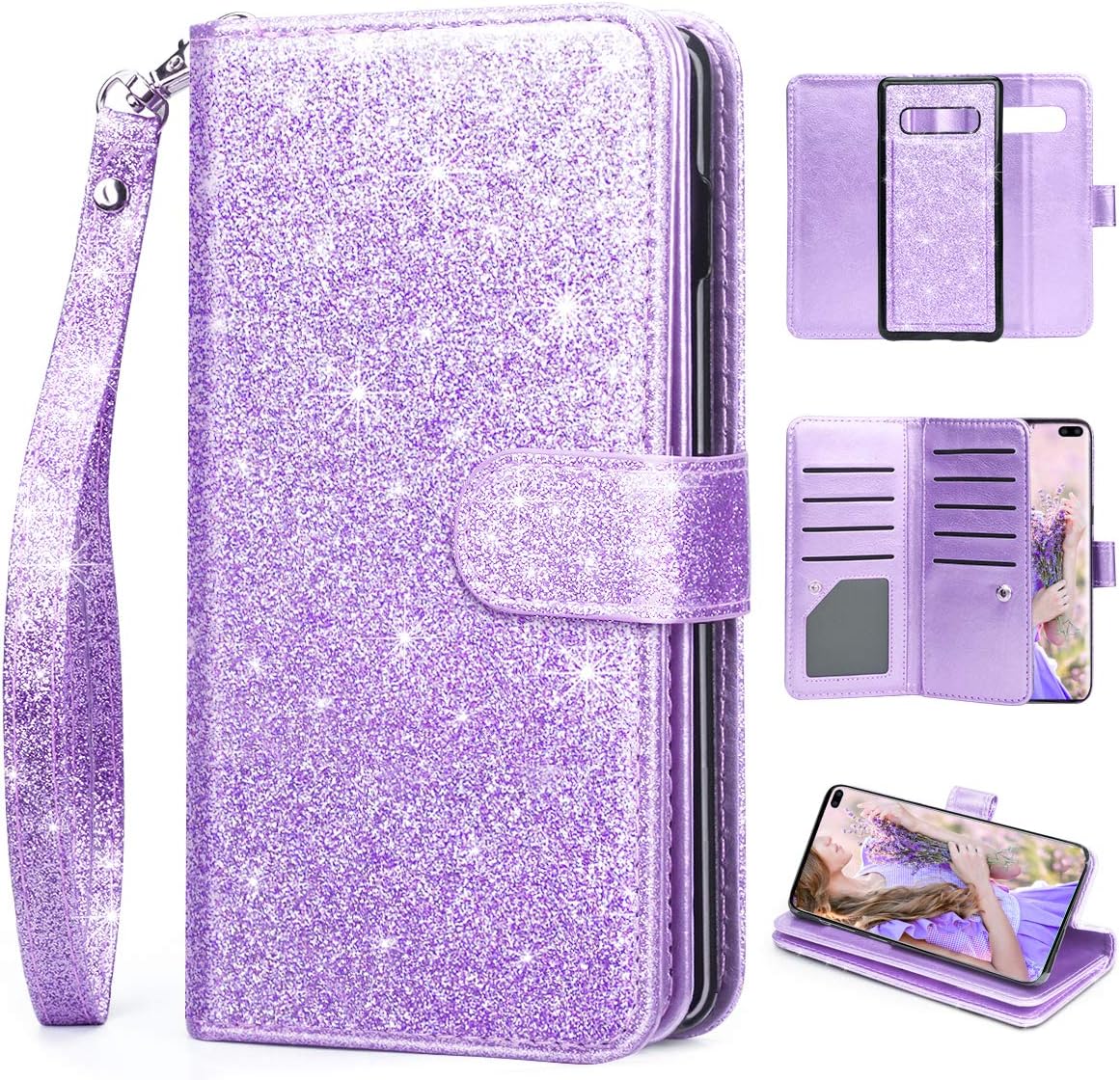 HIDAHE S10 Plus Wallet Case, Samsung Galaxy S10 Plus Case Wallet for Women[Glitter Purse][Credit Card Slot][Cash Holder][Detachable 2 in 1][Wrist Strap] Wallet Phone Case for Samsung S10 Plus,Purple