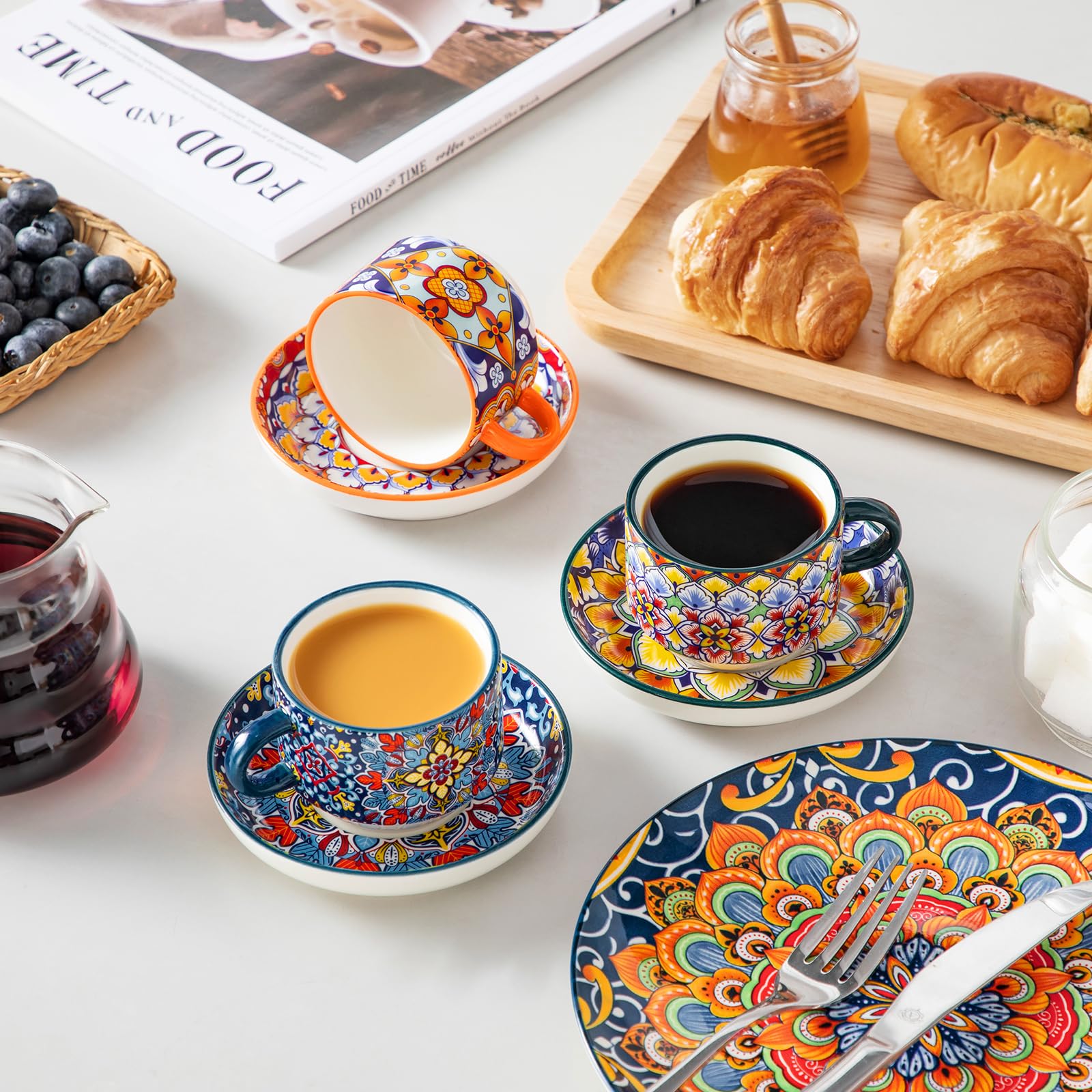 vancasso SIMI - Lot de 8 Tasses à Café avec Soucoupes (150ml) - Service à Café pour 4 Personnes - Porcelaine Résistante pour Expresso, Cappuccino - Design Bohème - Lavable au Micro-ondes