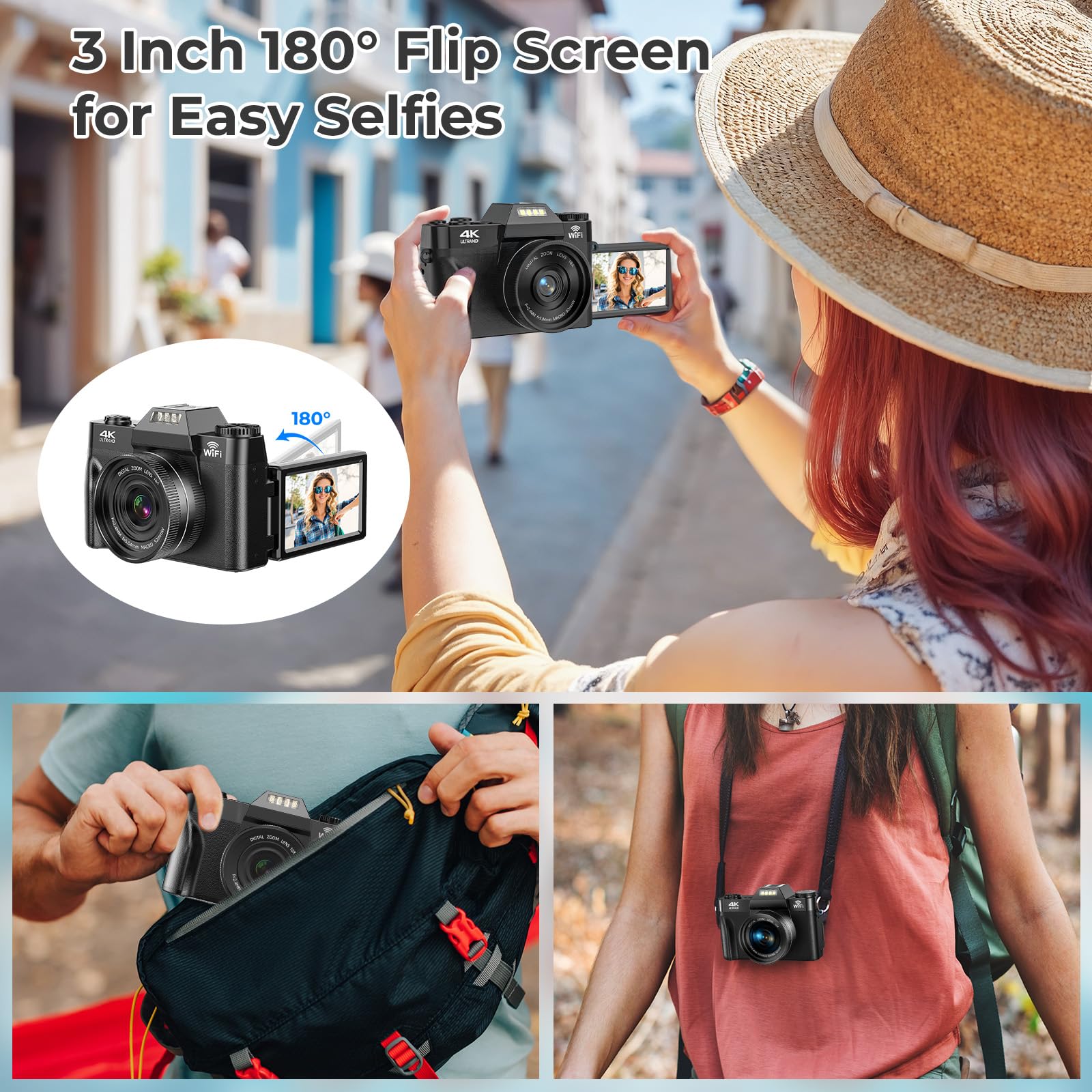 4K Digitalkamera mit WLAN, 75MP Kompaktkameras - 3 Inch 180 Grad Autofokus Wiederaufladbare Vlogging Fotoapparat Kamera mit WiFi Micro SD Karte &2 Akkus, 16X Digitalzoom für Anfänger