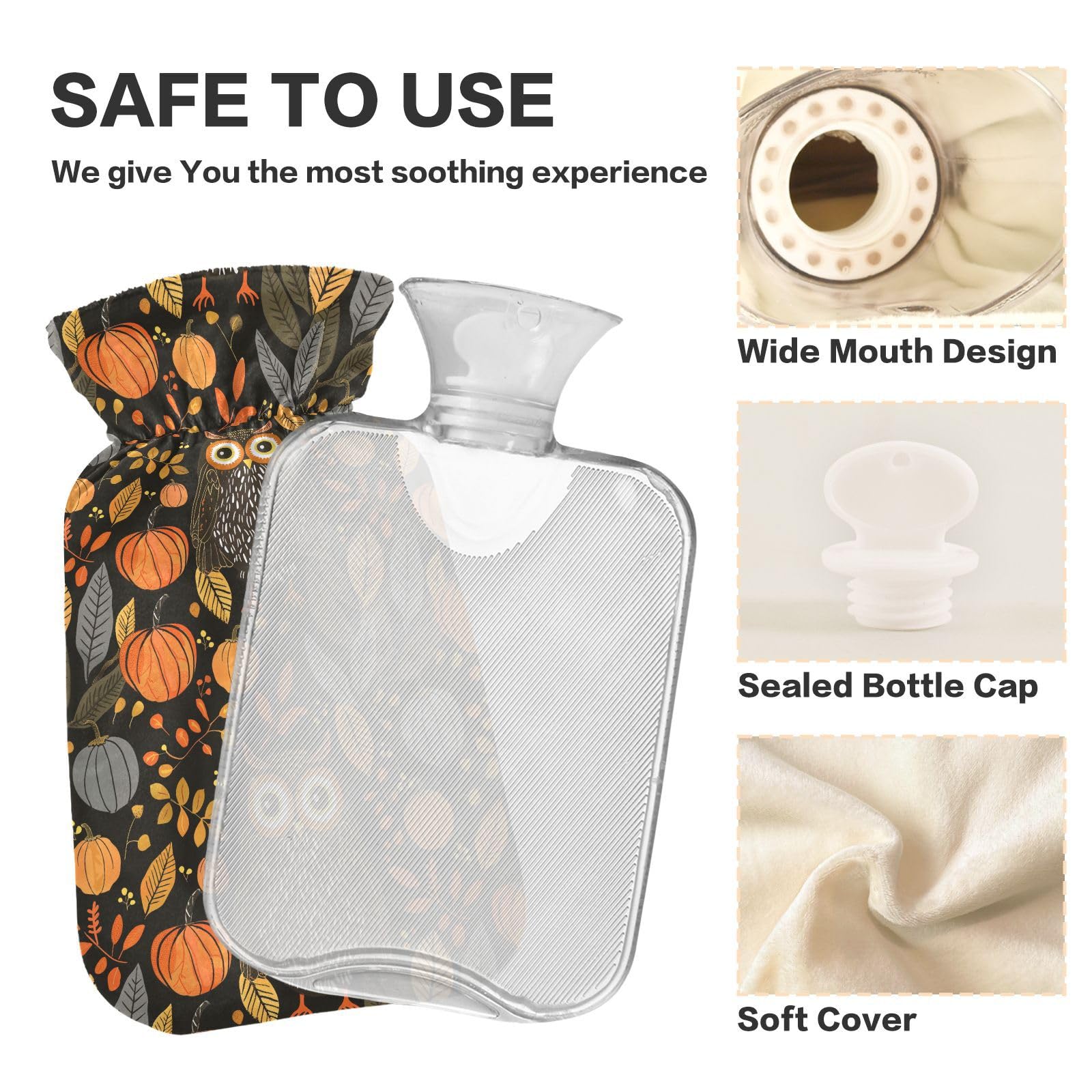 YNNALE Fall Harvest Owl Pumpkin Farmhouse Fall Hot Water Bottle with Cover, 2Liter Soft Velvet Winter Warm Water Bag for Neck and Shoulder Pain Relief Period Cramps Bed Hand Feet Warmer
