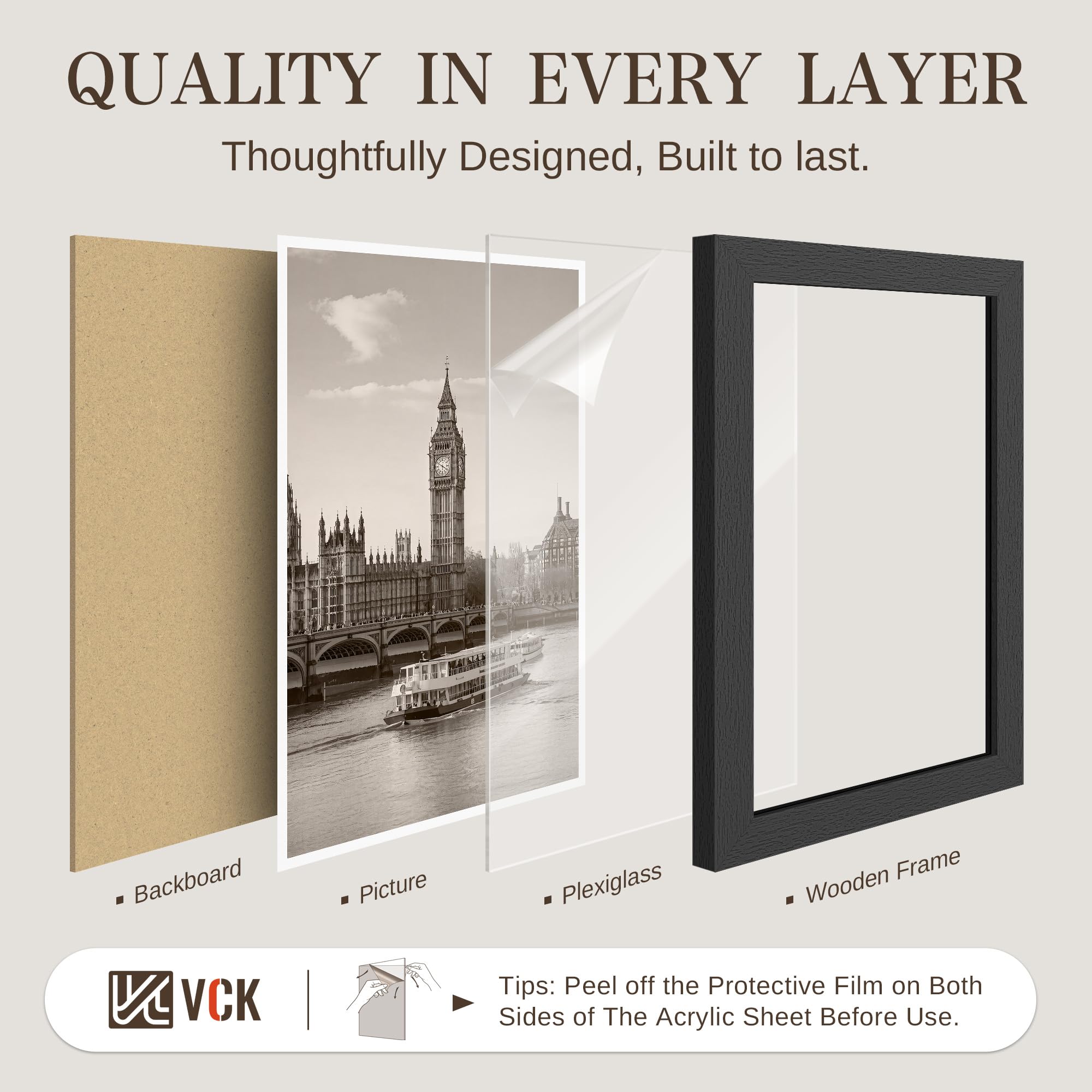 VCK 12x18 Bilderrahmen Set mit 10 Stück – Schwarz, breiter Rand, Massivholzrahmen, Display Bilder in horizontaler und vertikaler Form, für Zuhause, Büro, Galerie, Holzmaserung, Wandbehang