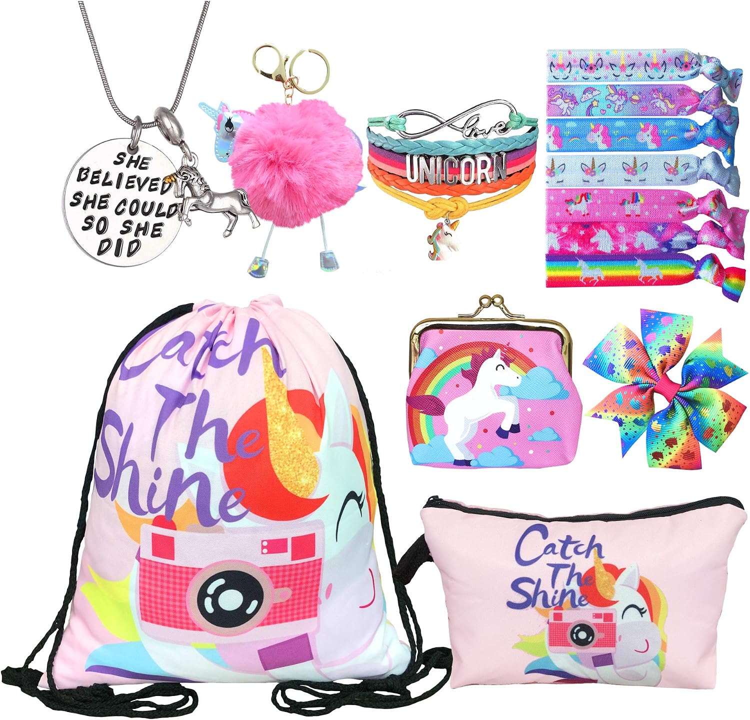 Unicorn Gifts for Girls - Unicorn Drawstring Backpack/Makeup Bag/Bracelet/Necklace/Hair Ties/Keychain/Sticker (Catch the Shine 3)