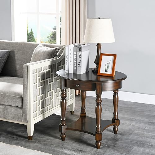 Miniatura 9 de MODERION Mesa auxiliar ovalada con cajón, mesa auxiliar de sofá de madera maciza con estante de almacenamiento, mesa de esquina tradicional para