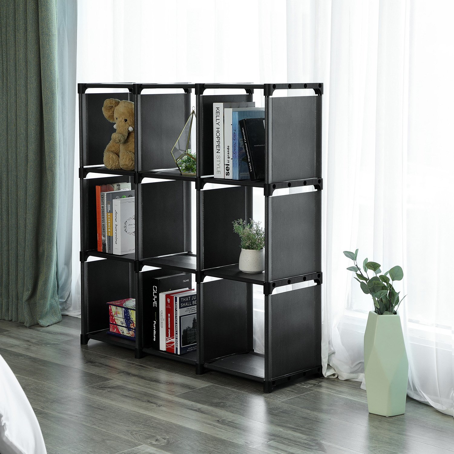 SONGMICS Aufbewahrungsregal mit 9 Fächern, offener Aufbewahrungsschrank, Bücherregal, Organizer für Wohnzimmer, Schwarz LSN45BK