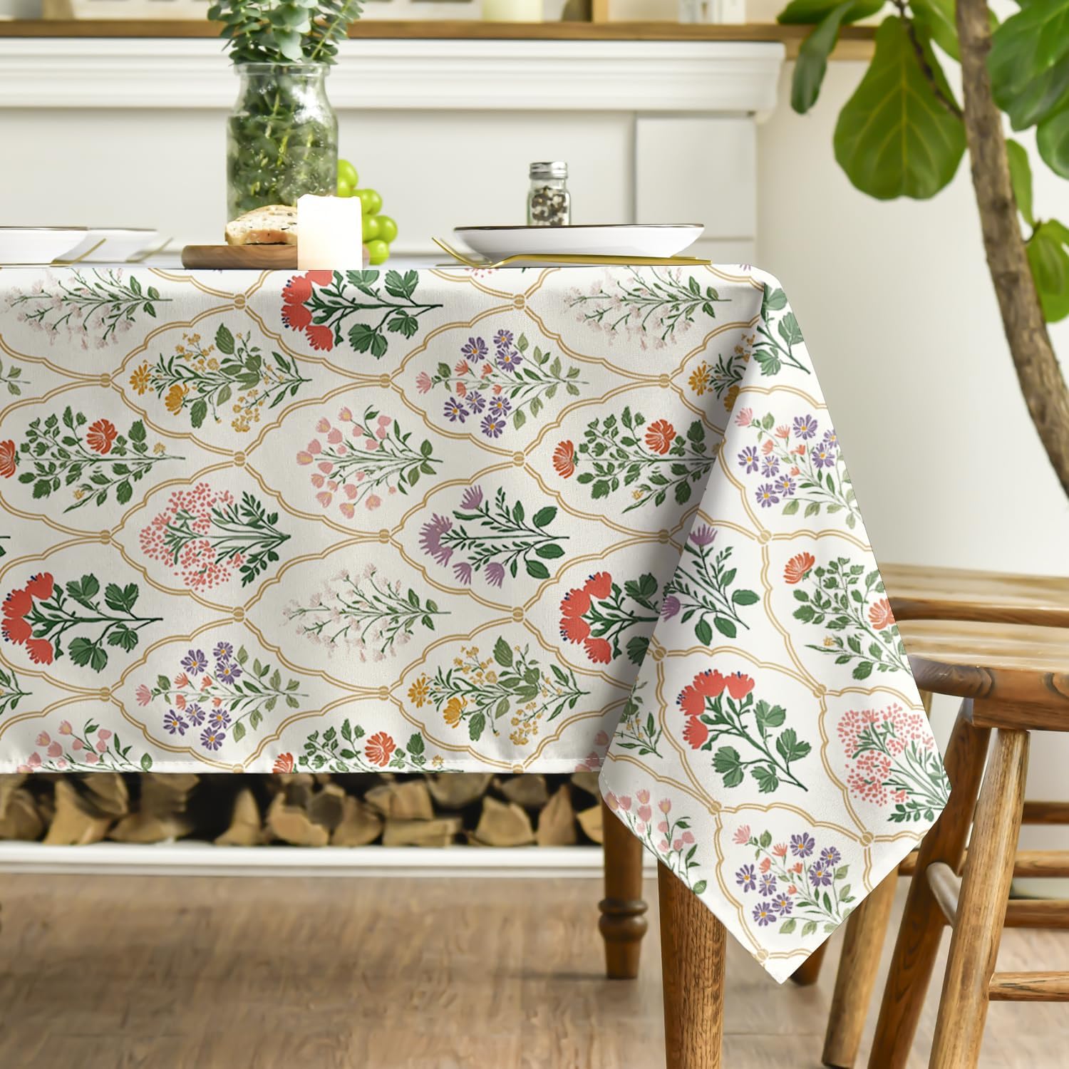 Horaldaily Spring Tablecloth 60×84 Inch Rectangular, Beige Vintage Art Deco Floral Washable Seasonal Table Cover for Party Picnic Dinner Decor - Image 3