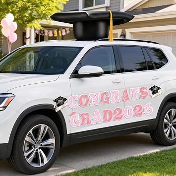 Xuhal 2026 Graduation Car Decoration 23 Large Inflatable Grad Cap Car Decor Congrats Grad Letter 2026 PVC Inflatable Cap for Senior High School Collage Graduation Parade Party DecorPink,Black