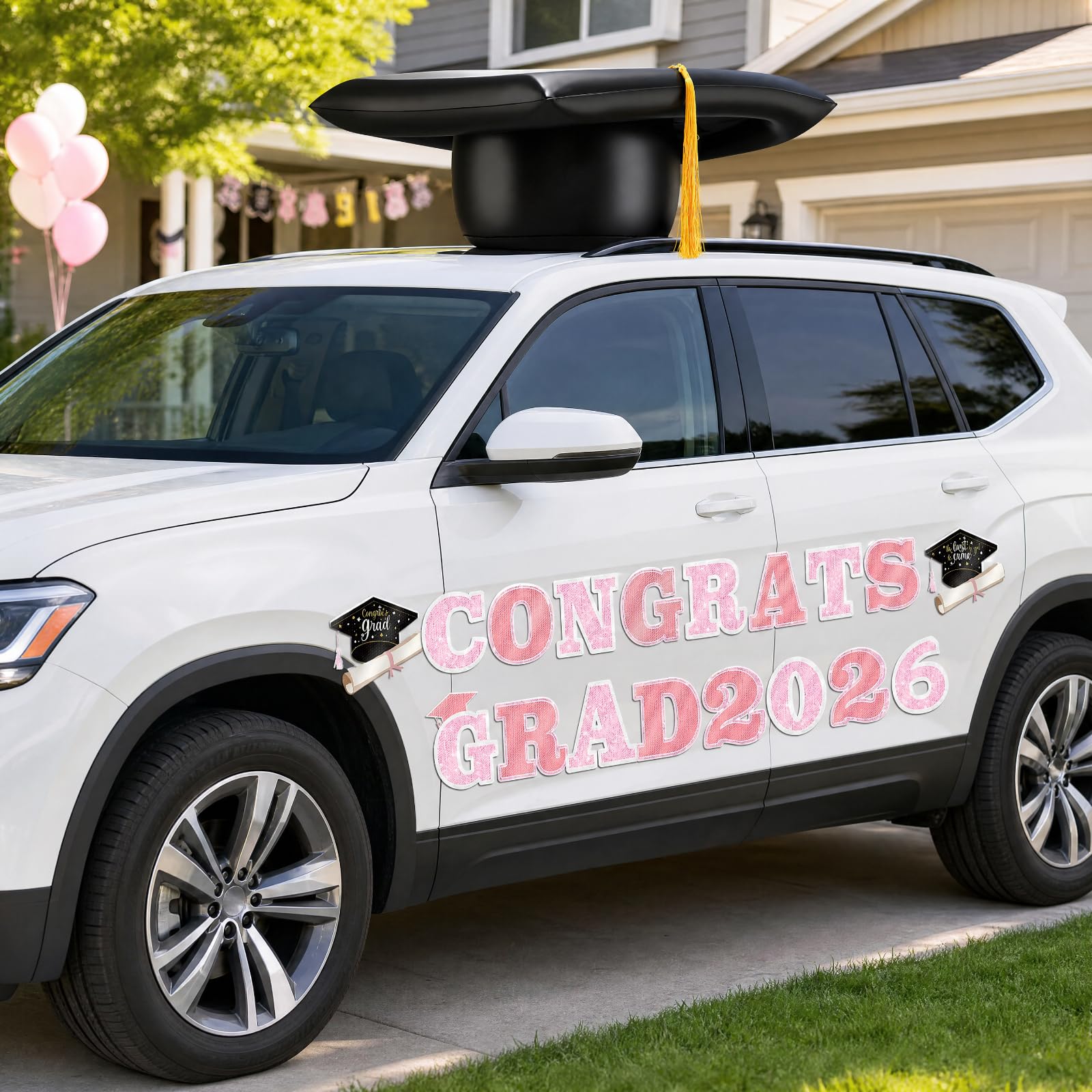 Photo 1 of Xuhal 2026 Graduation Car Decoration 23'' Large Inflatable Grad Cap Car Decor Congrats Grad Letter 2026 PVC Inflatable Cap for Senior High School Collage Graduation Parade Party Decor(Pink,Black)
