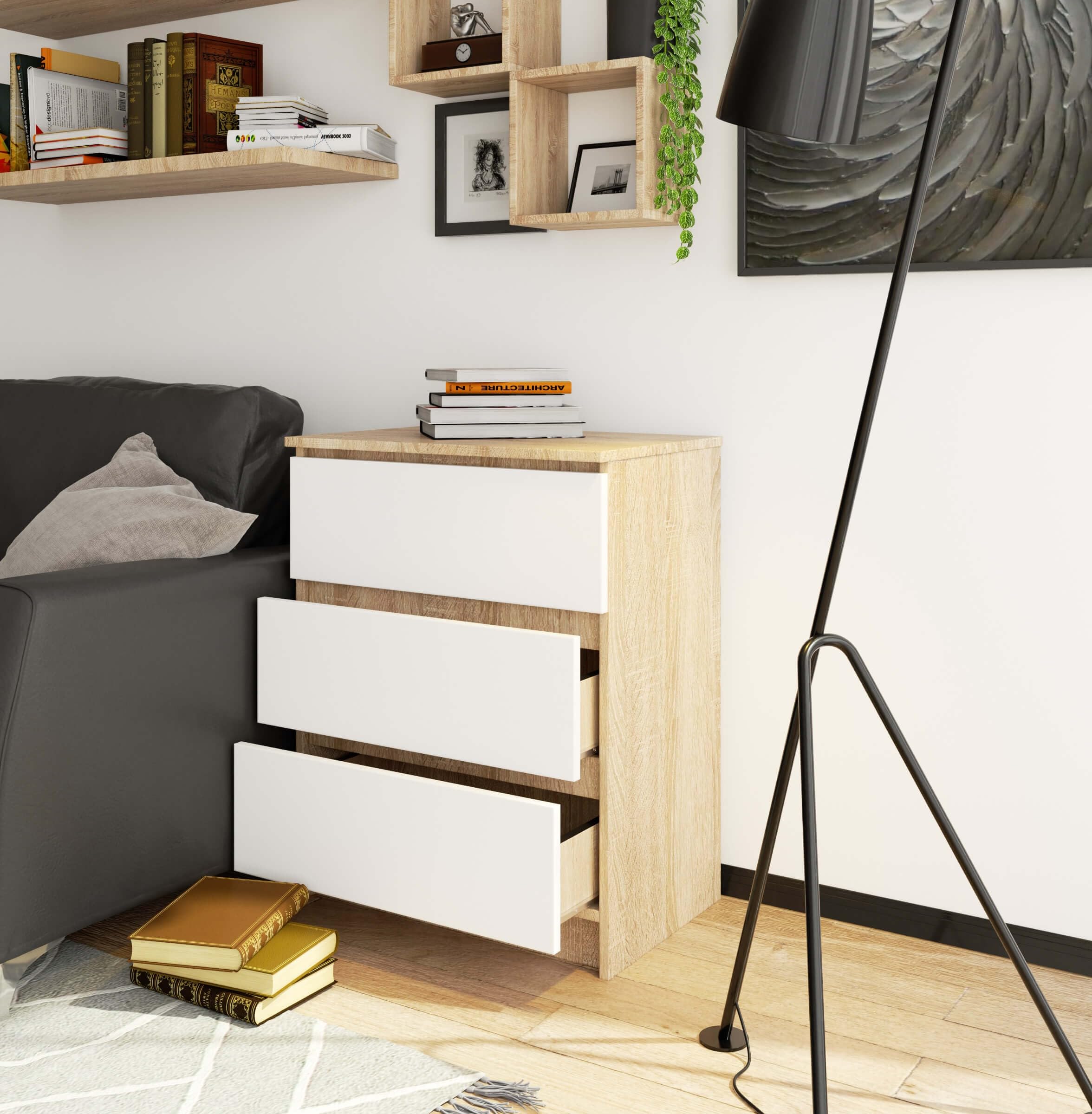 AKORD Cómoda K60 con 3 cajones | Credenza Alta | Mueble Moderno para Sala de Estar, Comedor, Dormitorio, Entrada, baño | Armario Infantil | 60x77x40 cm 25 kg | Roble Sonoma & Blanco Frente