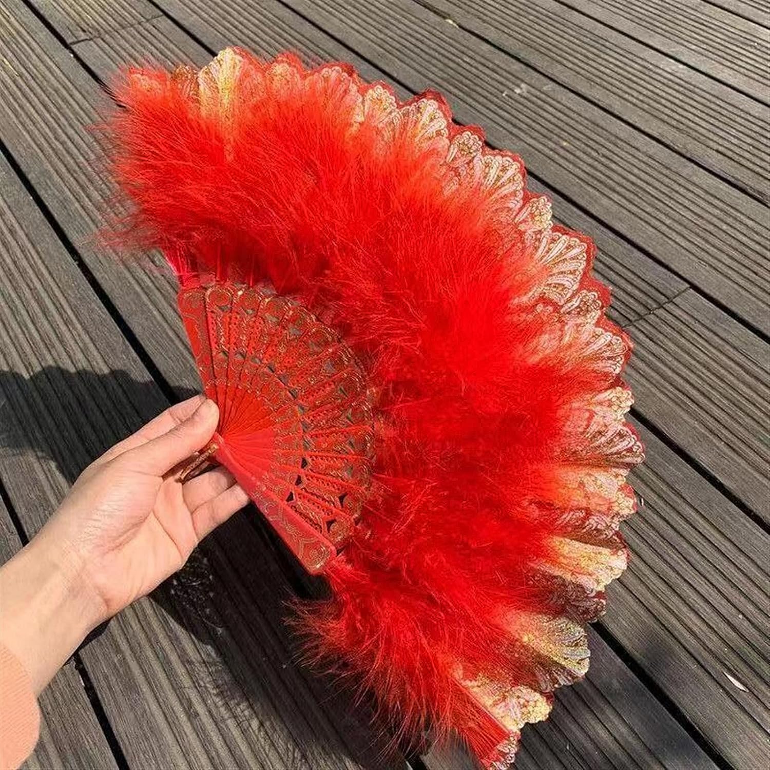 ROHCGHC folding fan, Handheld Feather Fan,Vintage Folding, Dance Hand with Pendant Gift Wedding Party Decoration(Red)