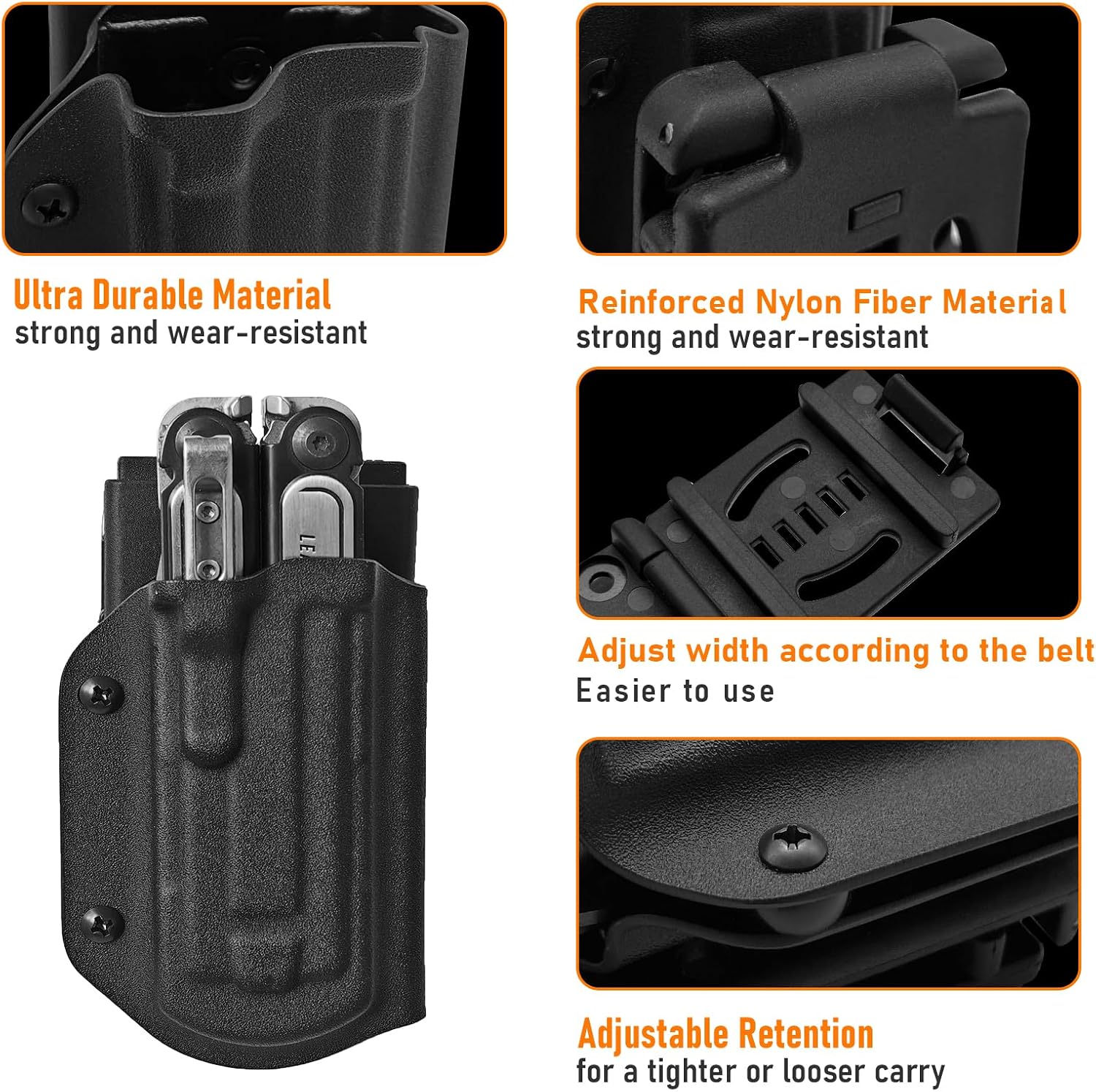 Kydex Multitool Sheath for Leatherman ARC, Dual Clips, Adjustable Retention | 1.5 mm rigid Kydex, one-handed draw, positive click, locking clip fits 2.05 in belts, horizontal or vertical carry