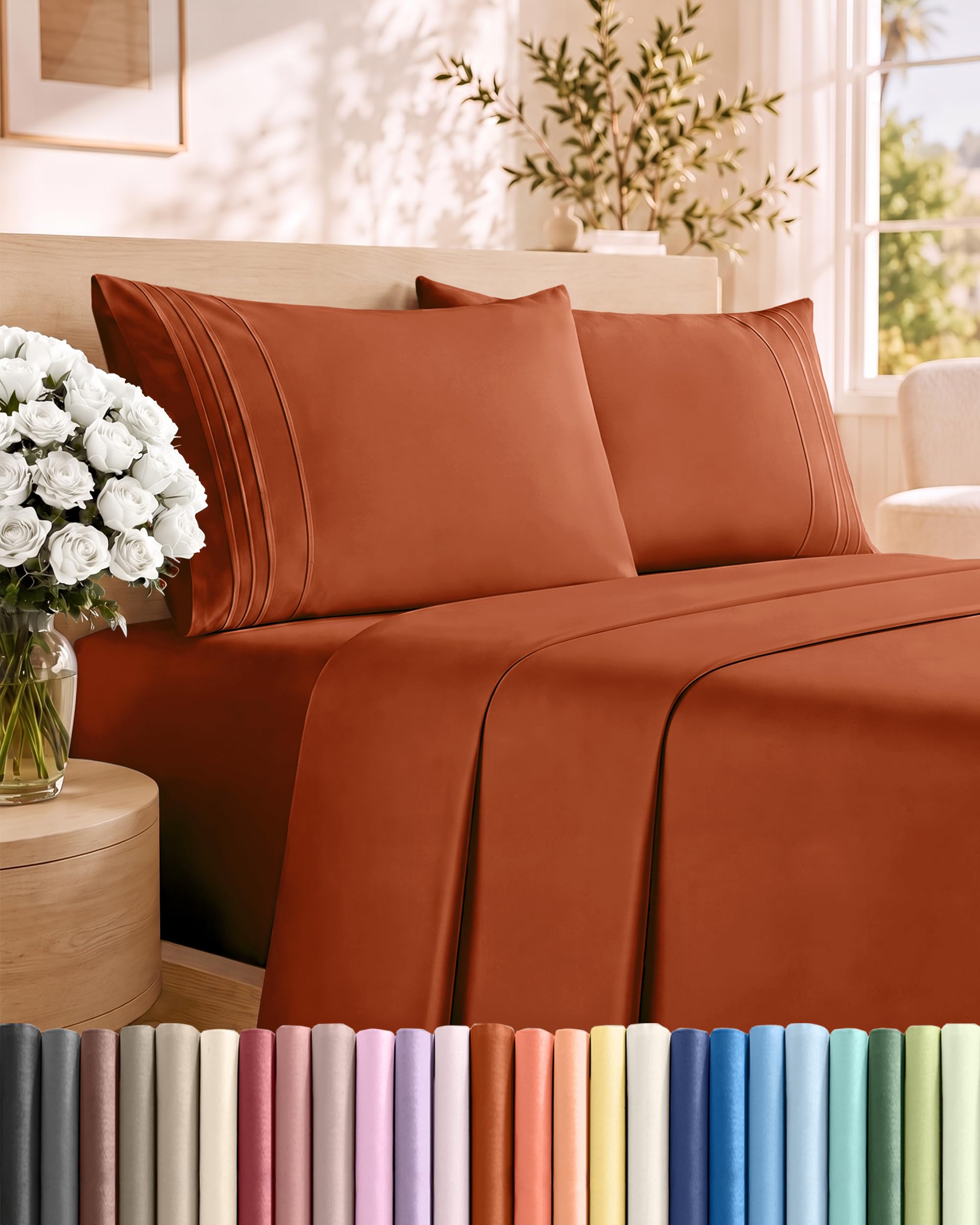 King Size 4 Piece Sheet Set - Breathable &amp; Cooling Sheets - Terracotta