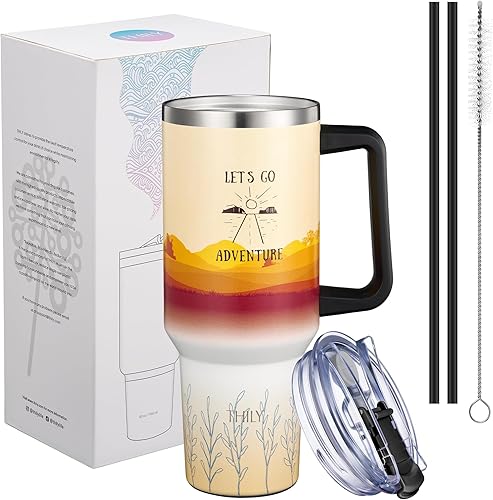 Miniatura 4 de THILY Vaso aislado de 40 onzas con asa, taza de viaje para café de acero inoxidable con tapa y pajitas, mantiene las bebidas frías durante 34 horas