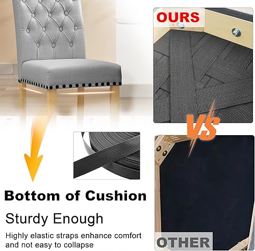 Miniatura 5 de Silla de comedor de tela de lino, juego de 2 sillas Parson modernas, sillas de comedor de moda con ribete de cabezas de clavos, acolchado con