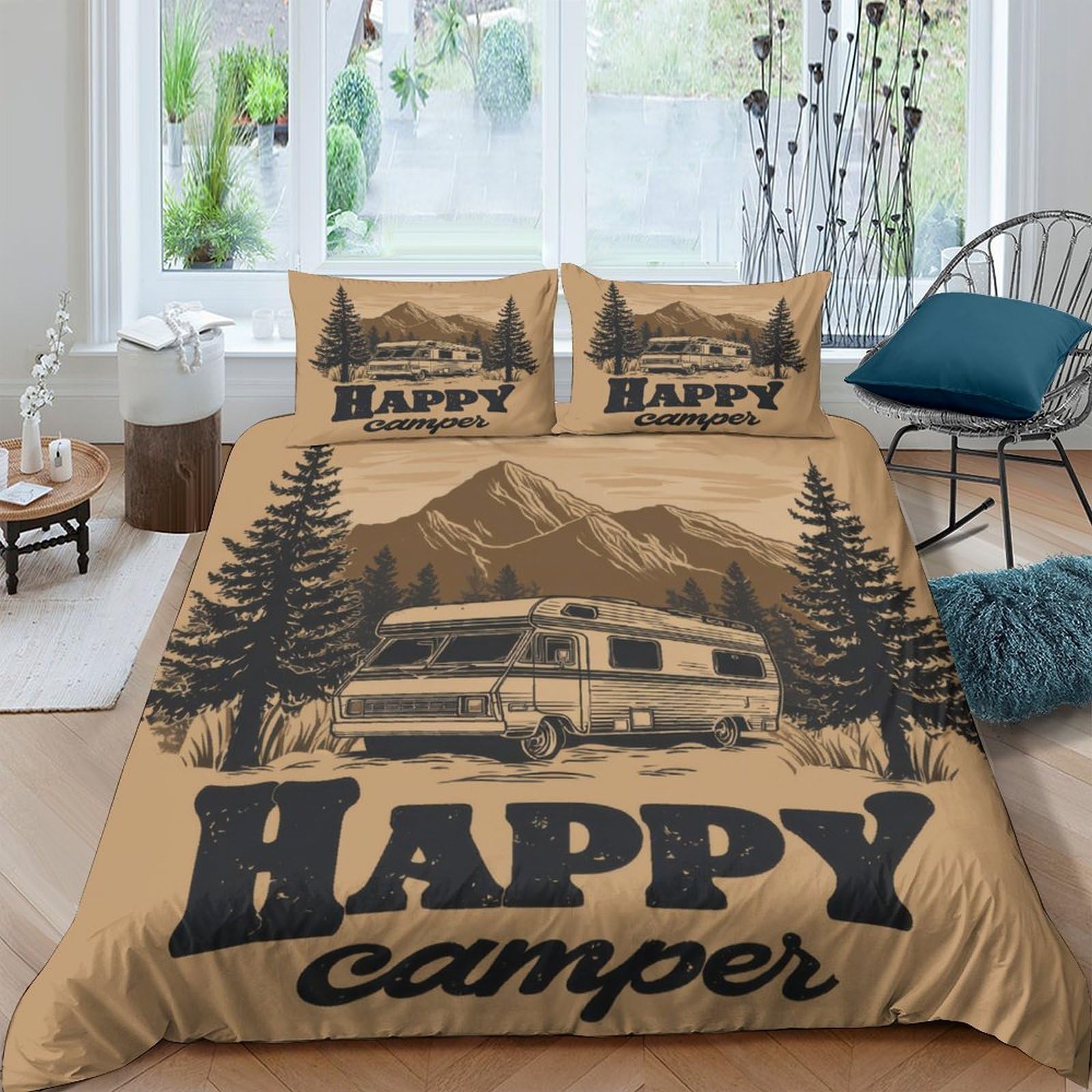 GPLZQXKJNH 3D Printed Camper Van Forest Duvet Cover Set Microfiber Soft Breathable Mountain Bedding with 2 Pillowcases for Bedroom Decor Single（135x200cm）