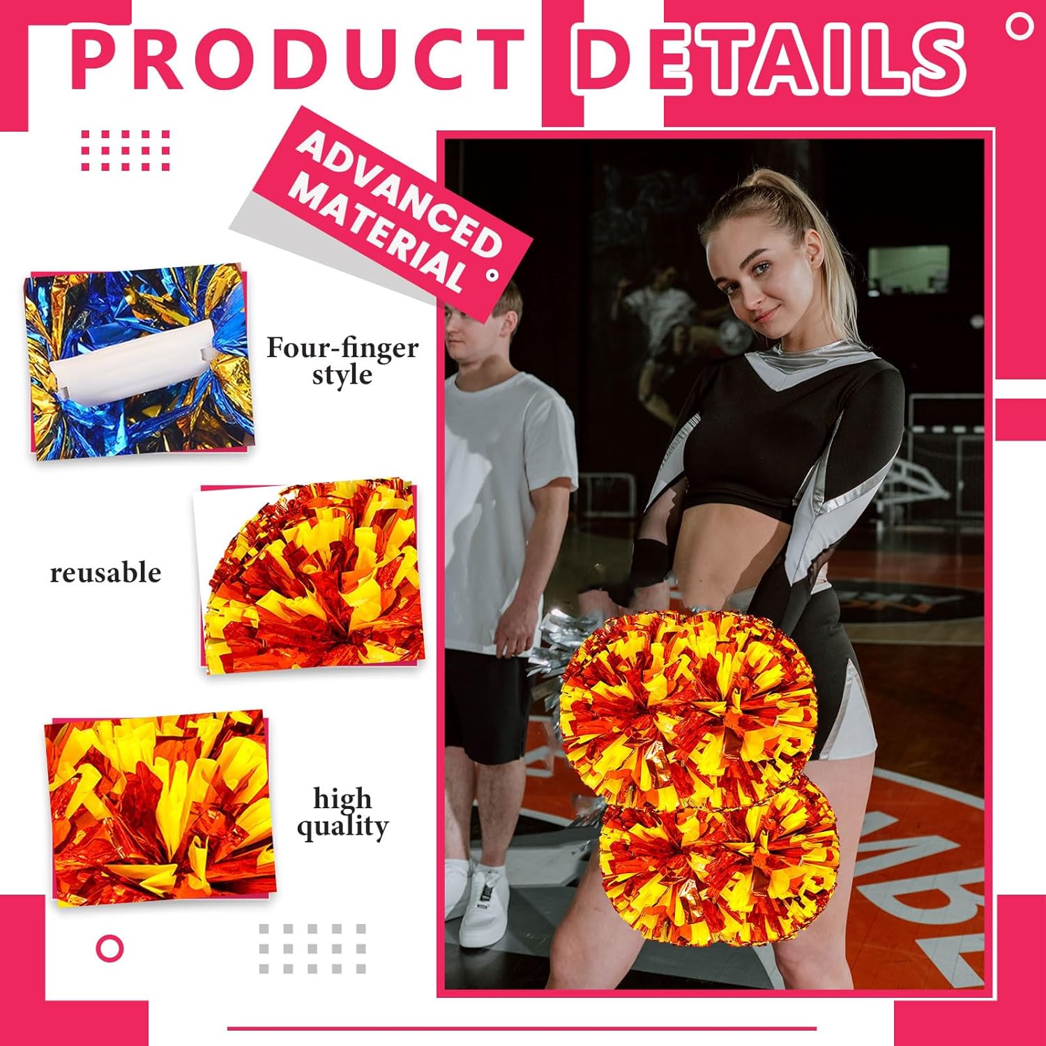 メタリックチアリーディングポンポン、指に優しいリング付きチアリーダーポンポン12個、チームスピリットスポーツダンス応援キッズ大人用(