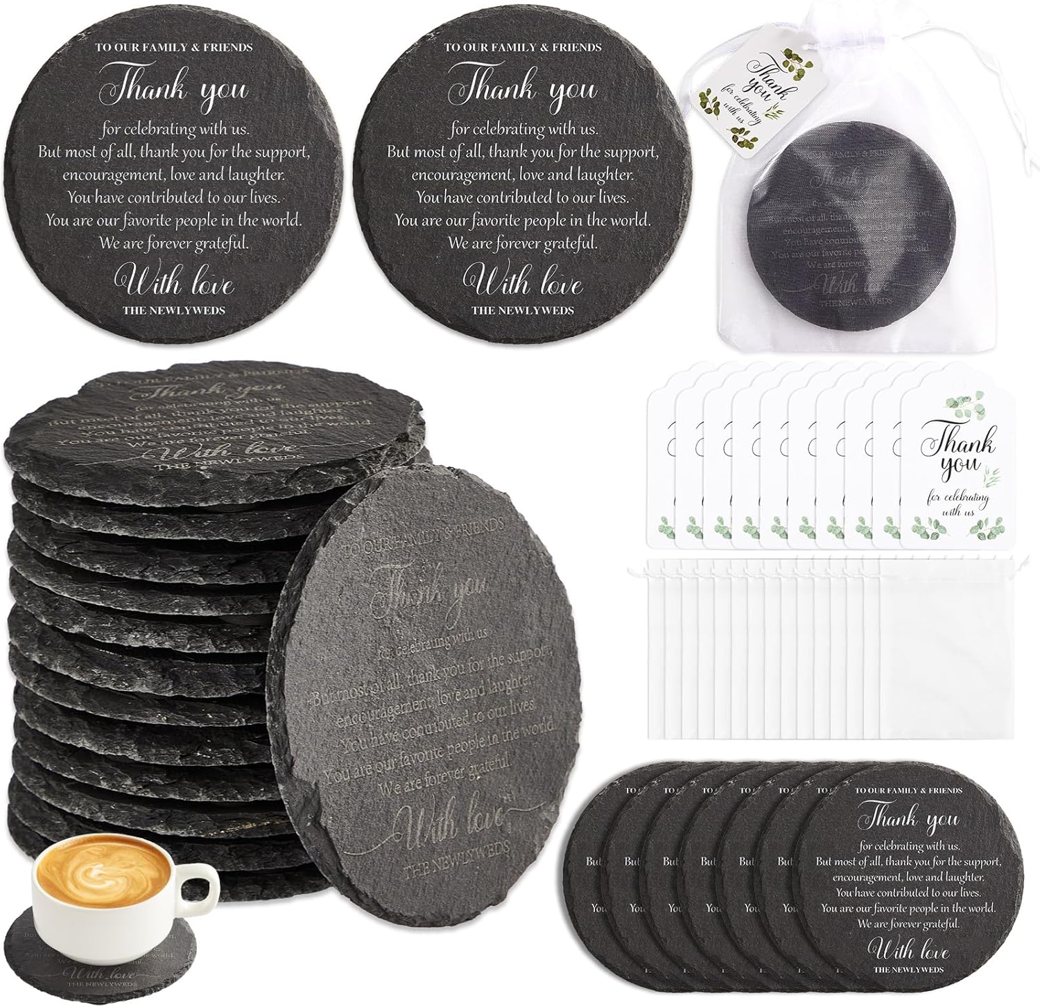 50 Packs Wedding Favors for Guests Slate Coasters Bulk Wedding Party Guest Gifts Black Stone Coaster with Thank You Tags and Organza Bags Newlyweds Bridal Shower Party Supplies Guests Souvenirs