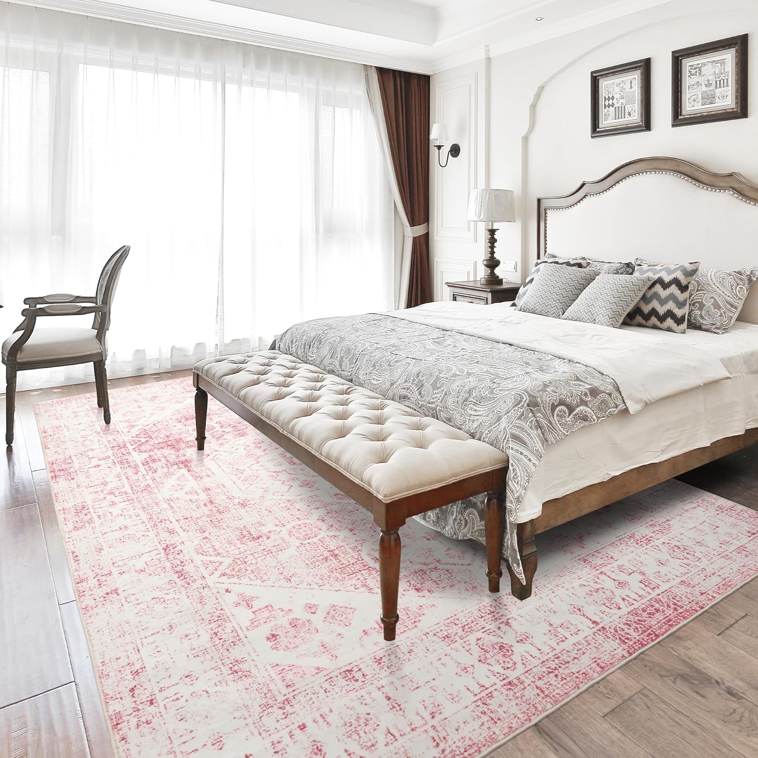 Meiliweser Area Rug - 3x5 Washable Pink Rug Vintage Honeycomb Non Slip Retro Rugs Soft Faux Wool Carpet Foldable & Machine Washable Rugs for Living Room Bedroom Dining Room Kitchen