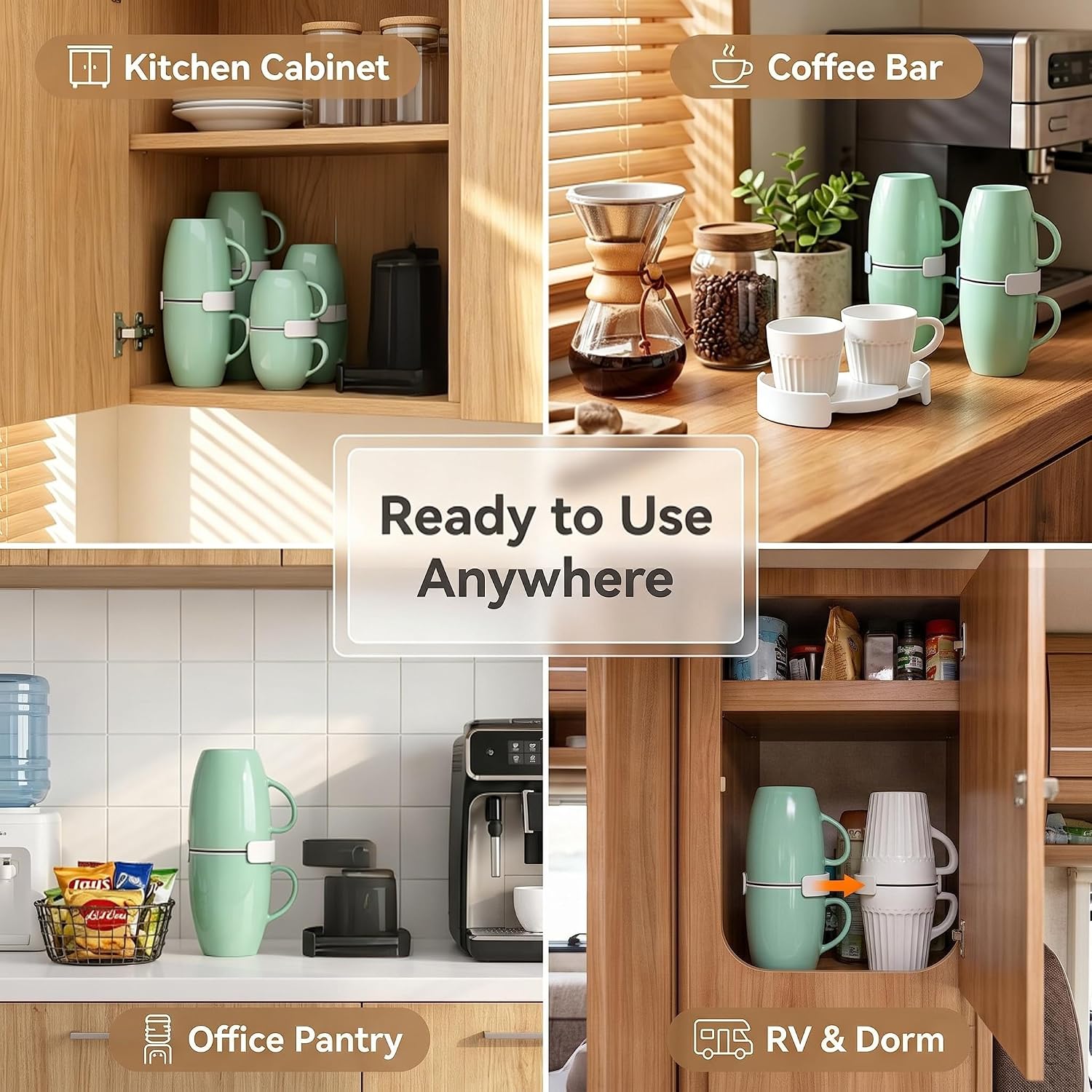6 Pack White Adjustable Mug Stackers,Telescopic Space-Saving Coffee Cup Holder & Mug Organizer for Kitchen Cabinets, Coffee Station Organizer for Mugs, Cups - Cup Organizer for Kitchen Cabinets
