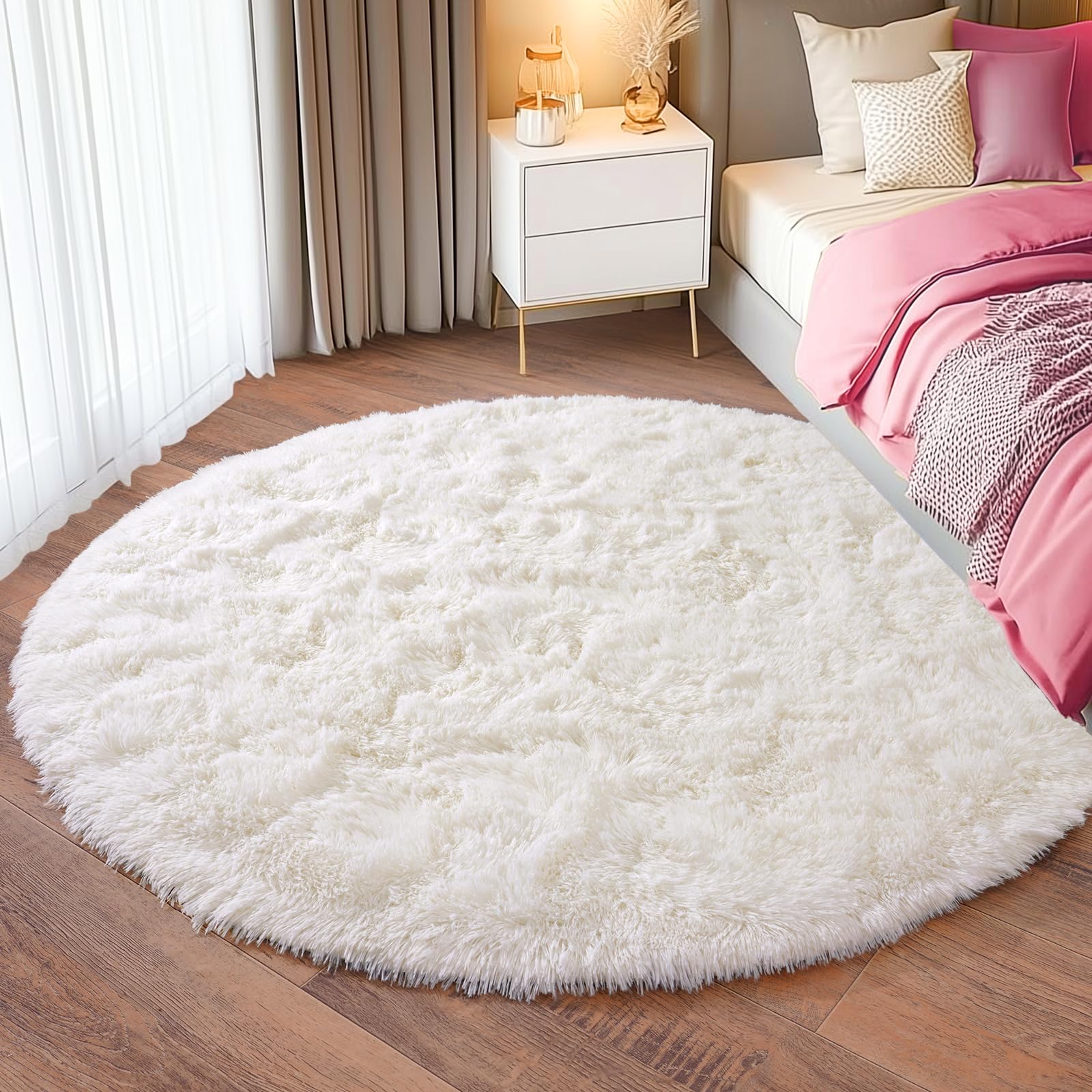 Tapis Rond 120 cm, Tapis Poil Long Moelleux pour Chambre & Salon, Doux et Confortable | Idéal pour Canapé, Chevet, Enfants, Décoration Moderne Antidérapante - Crème