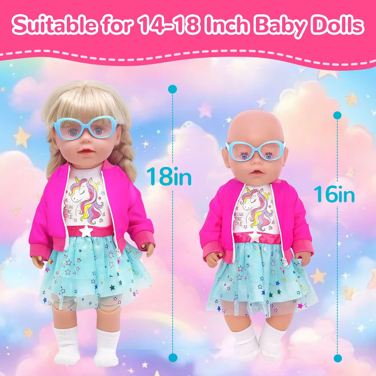 WanderGo Baby Doll Clothes for 35-43 cm Dolls, 5-Piece Outfit with Coat + Dress + Socks + Glasses + Hanger - Image 2