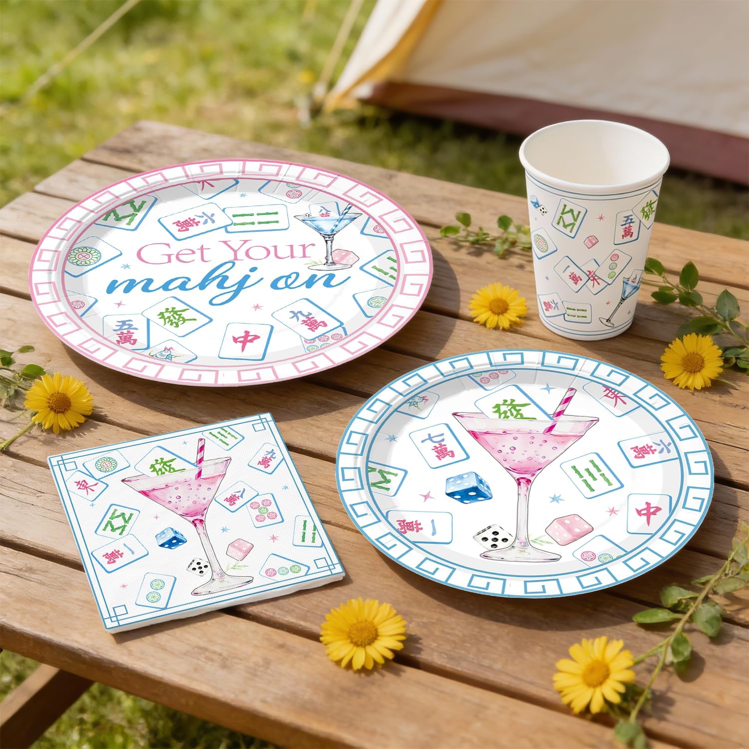 wellspan Mahjong Party Supplies for 25 Guests, 205 PCS All-in-One Pastel Pink Blue Green Mahjong Party Tableware Set with Mahjong Plates and Napkins, Banner, Balloons, Tablecloth & Centerpieces