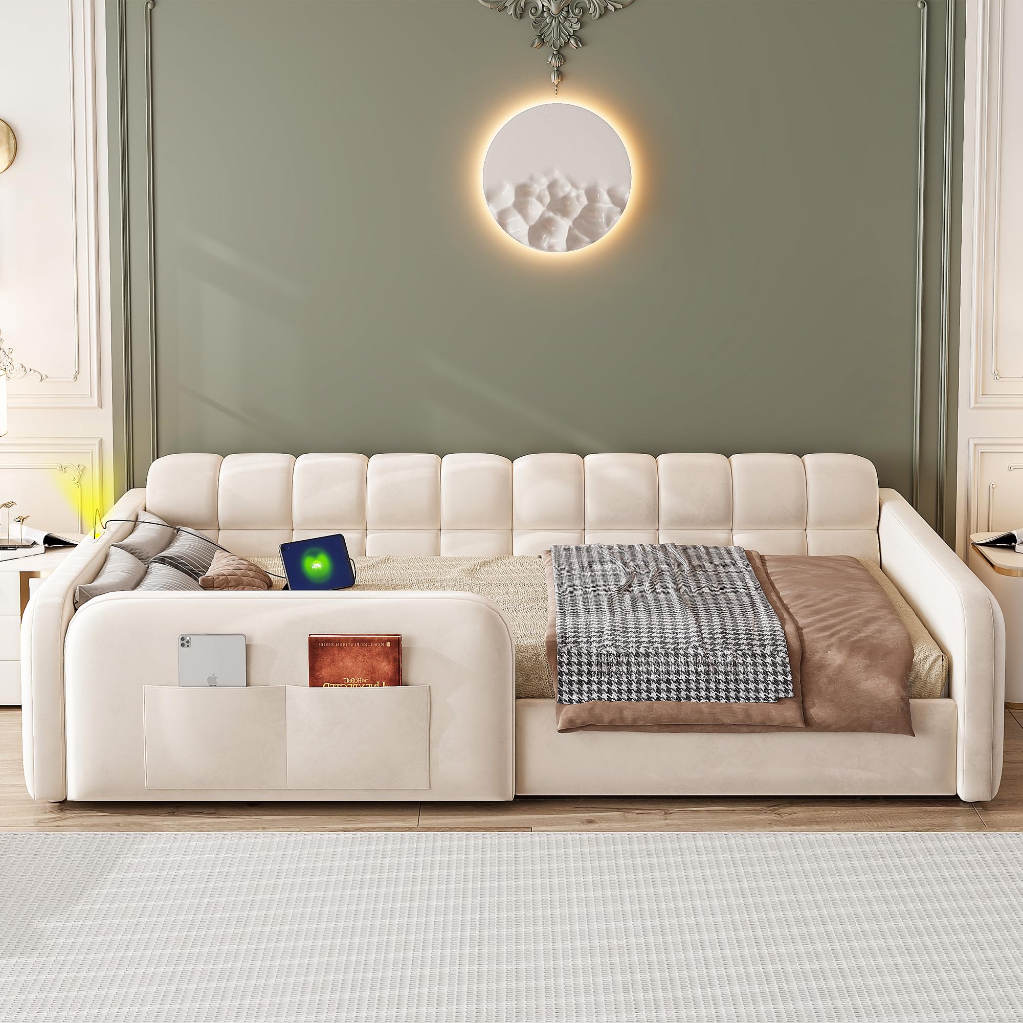 Kinderbett Bodenbett 90x200, Polsterbett Montessori Bett mit Schublade, Nachtlicht und Ladeanschluss, Gitterbett Jugendbett Einzelbett mit Rausfallschutz und Lattenrost, Samt, Ohne Matratze, Beige