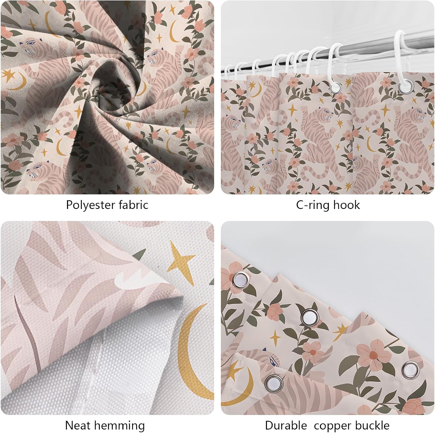 MEHOFOND Retro Tiger Shower Curtain Vinatge Pink Floral Bath Curtain