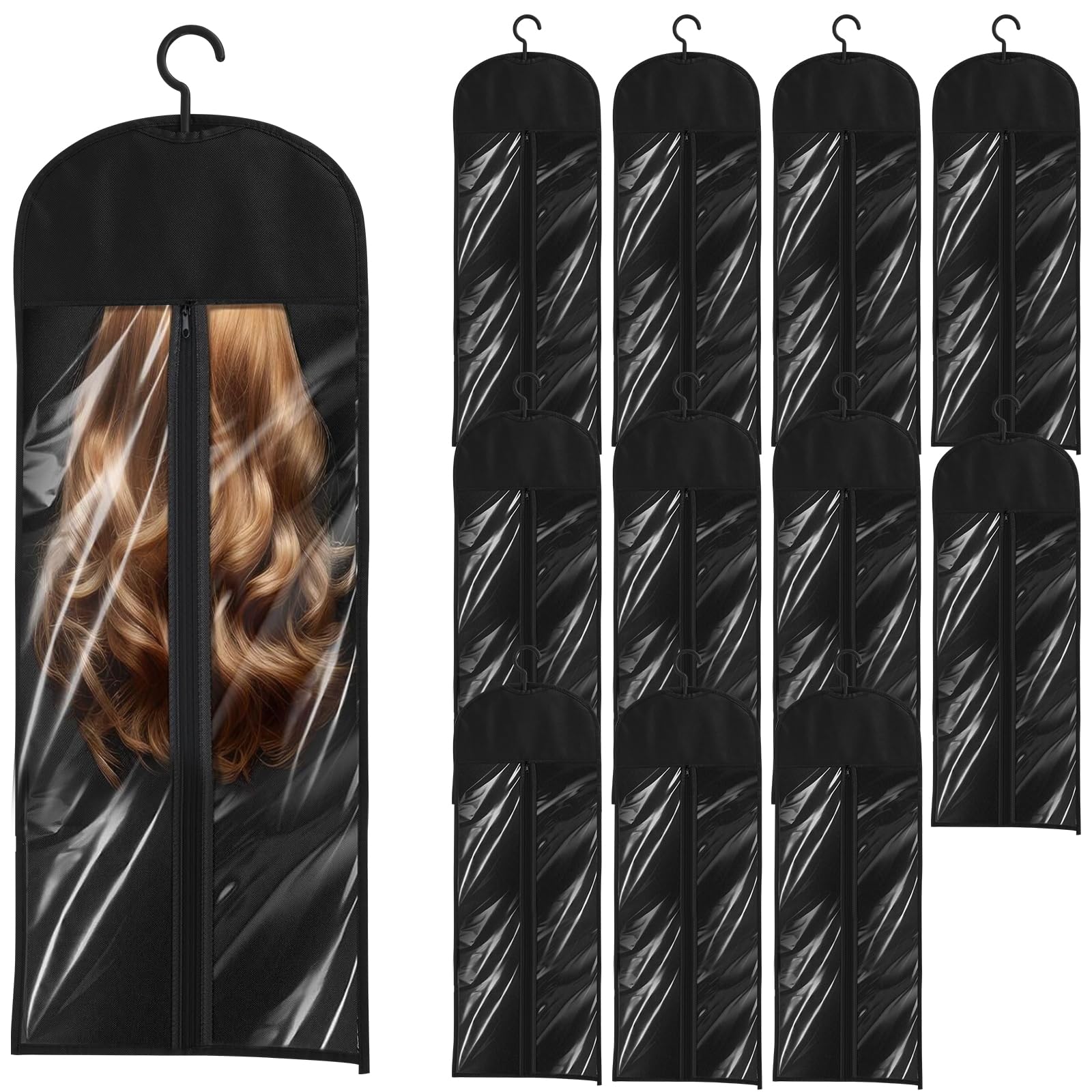 Ktcina Black-12 Lengths 12Pcs Hair Extensions Storage Bag With Hanger, 80Cm Waterproof Wig Travel Bags Dustproof Hair Extension Hanger And Bag Wig Storage Bags For Multiple Wigs Hairpieces Extensions (12Pcs 80Cm)