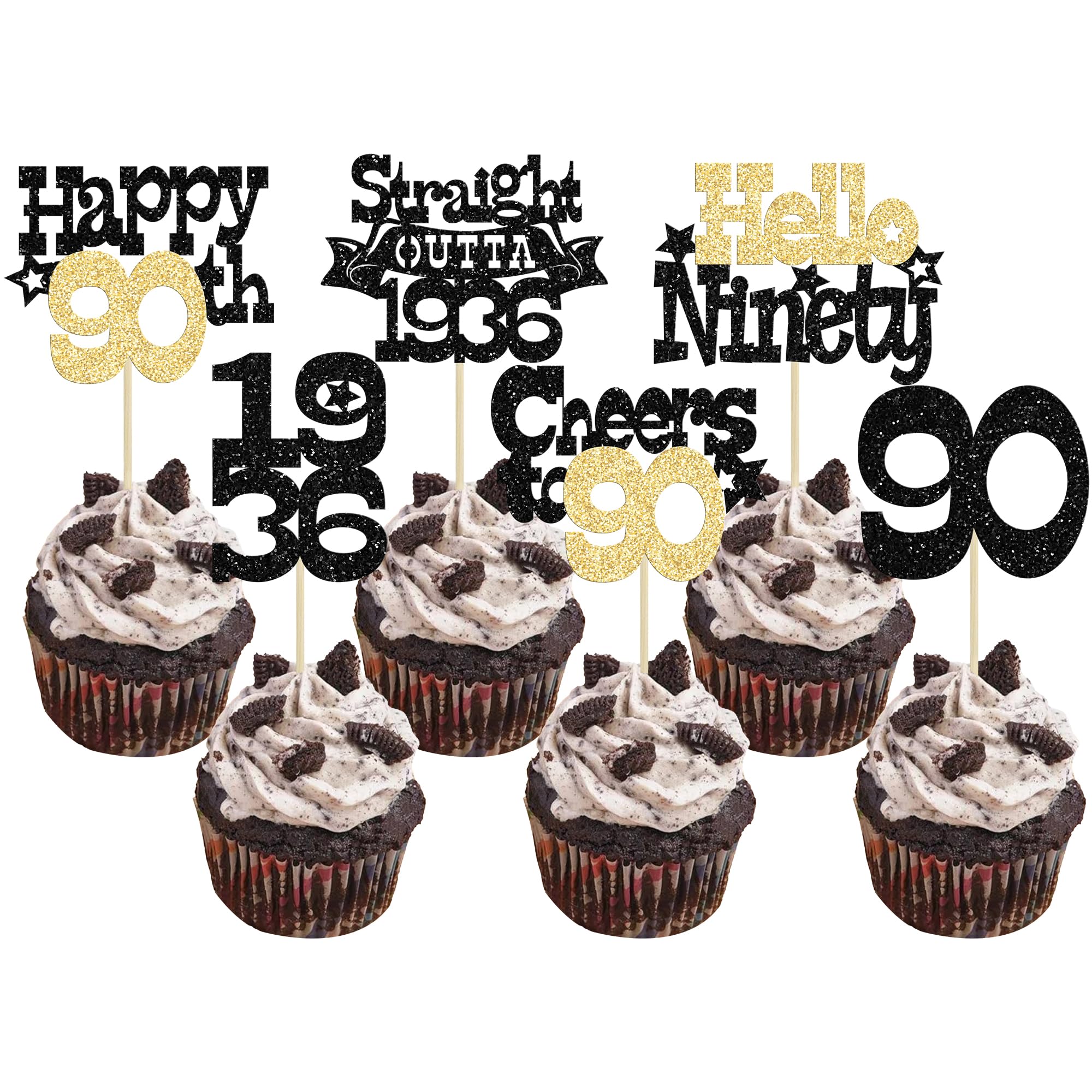 Ephlyn 30Pcs Straight Outta 1936 Cupcake Toppers Glitter Ninety Happy 90th Birthday Cupcake Picks Cheers to 90 Years Cake Decorations for Happy 90th Birthday Anniversary Party Supplies Black Gold