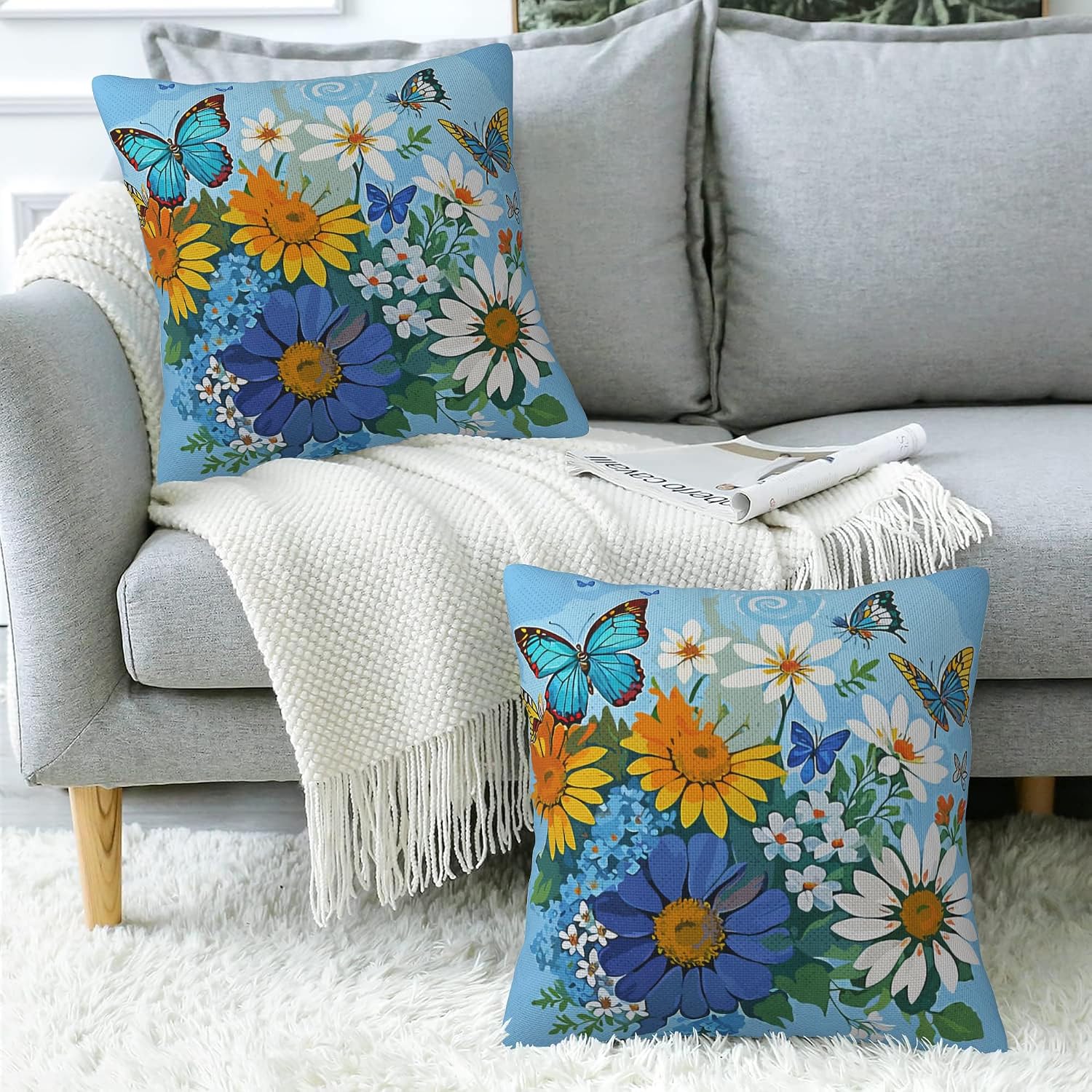 Throw Pillow Cover Case Watercolor Flower Pillow Covers 18x18 Inch Set of 2,Soft Decorative Throw Pillow Case for Living Room Bedroom Sofa Couch Cushion Covers image 5