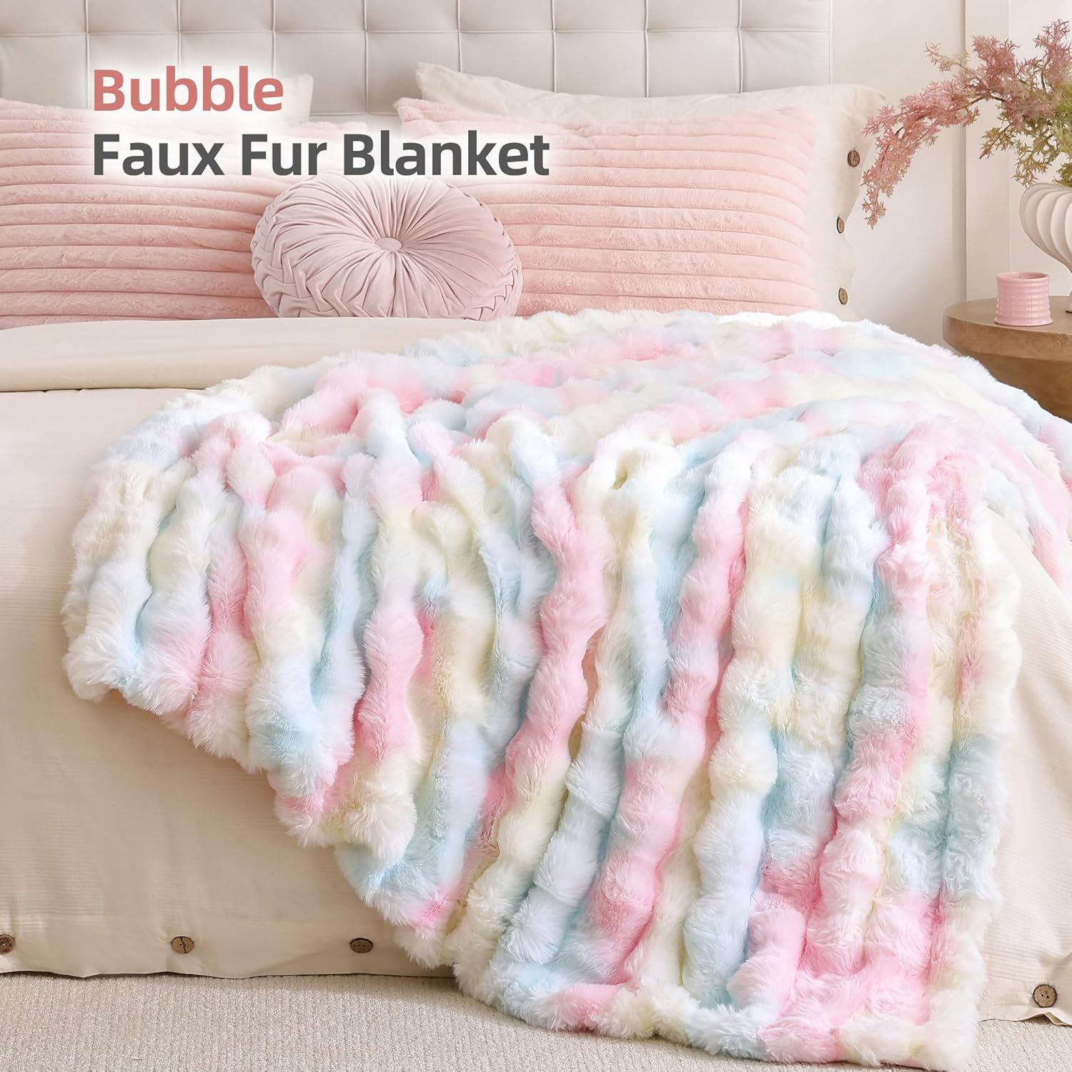 Smoofy Faux Fur Throw Blanket for Couch – Rainbow Fluffy Cozy Rabbit Fleece, Plush Soft Bubble Blanket for Sofa & Bed, for Mom, Warm Fuzzy Home Room Decor Throw 50" x 60" - Image 2