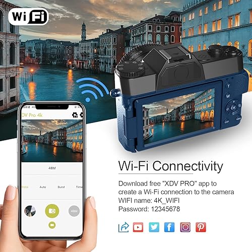 Miniatura 3 de eDealz Cámara digital 4K de 56MP para fotografía, cámara de vlogging para YouTube con pantalla abatible de 180° de 3.0 pulgadas, WiFi, zoom digital