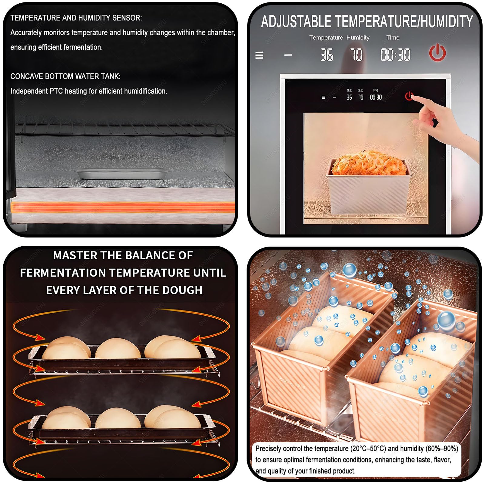 Caja de Fermentación para Masa,Temperatura/Humedad Ajustable,Fermentación con Un Toque,Ahorra Espacio,40L Fermentadora de Masa Madre con 2 Parrillas y 1 Bandeja de Agua