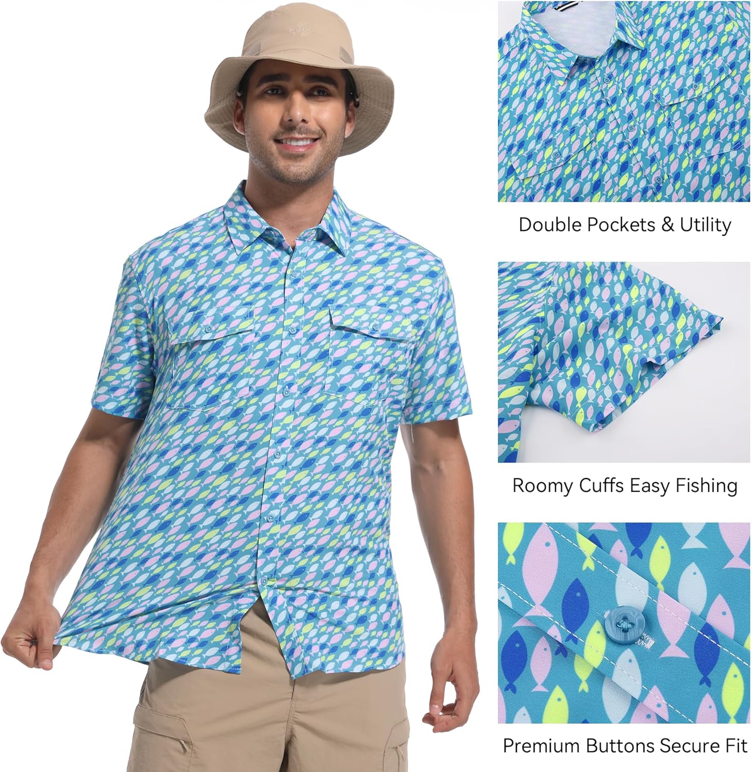 WARHORSEE Printed Fishing Shirts for Men UPF 50+ Breathable Stretch Mens Button Down Short Sleeve Hiking Casual Shirts