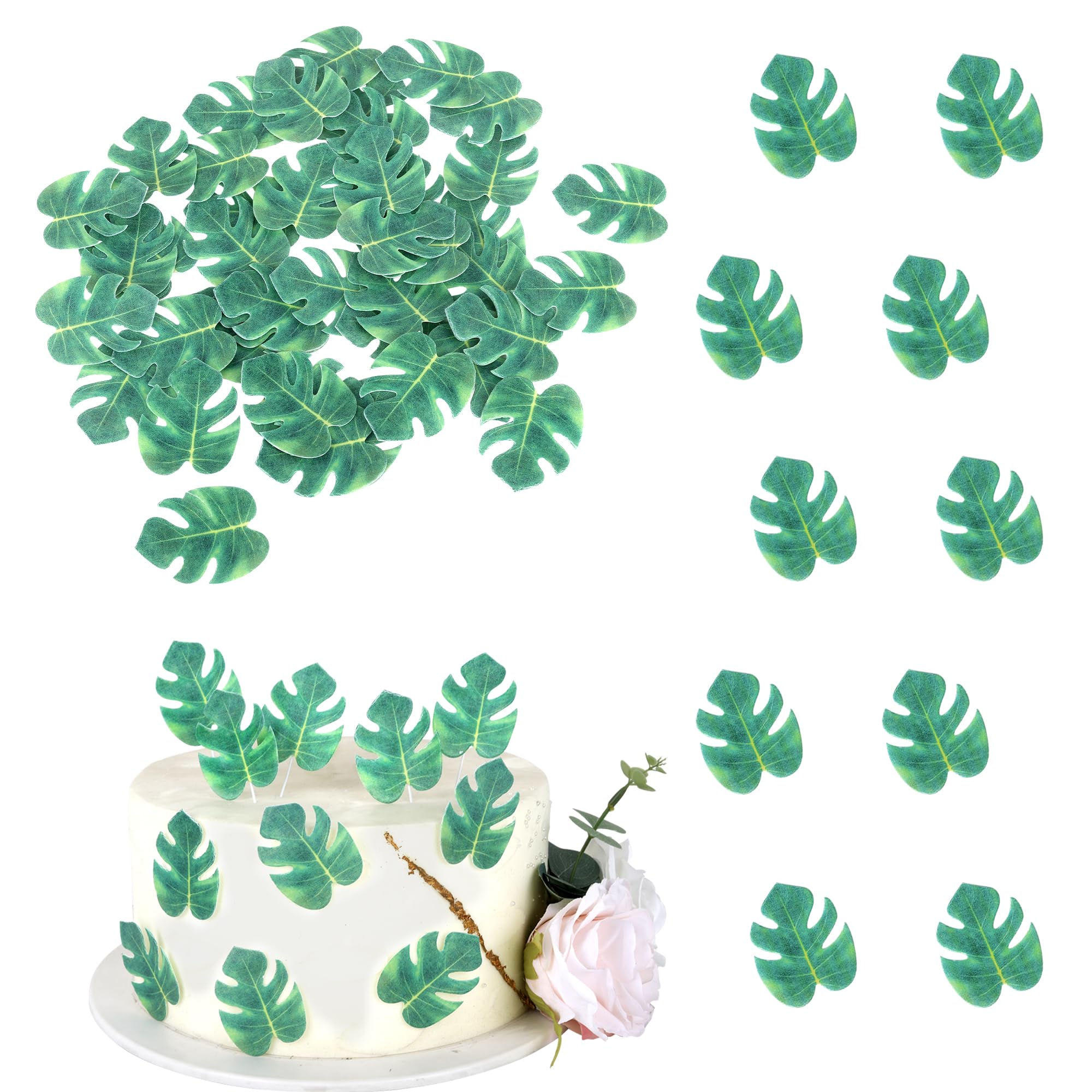 Rsstarxi 48 Pack Edible Tropical Turtle Leaves Cupcake Toppers Palm Leaf Cupcake Picks Edible Wafer Paper Leaf Cake Decorations for Jungle Summer Theme Baby Shower Wedding Birthday Party Supplies