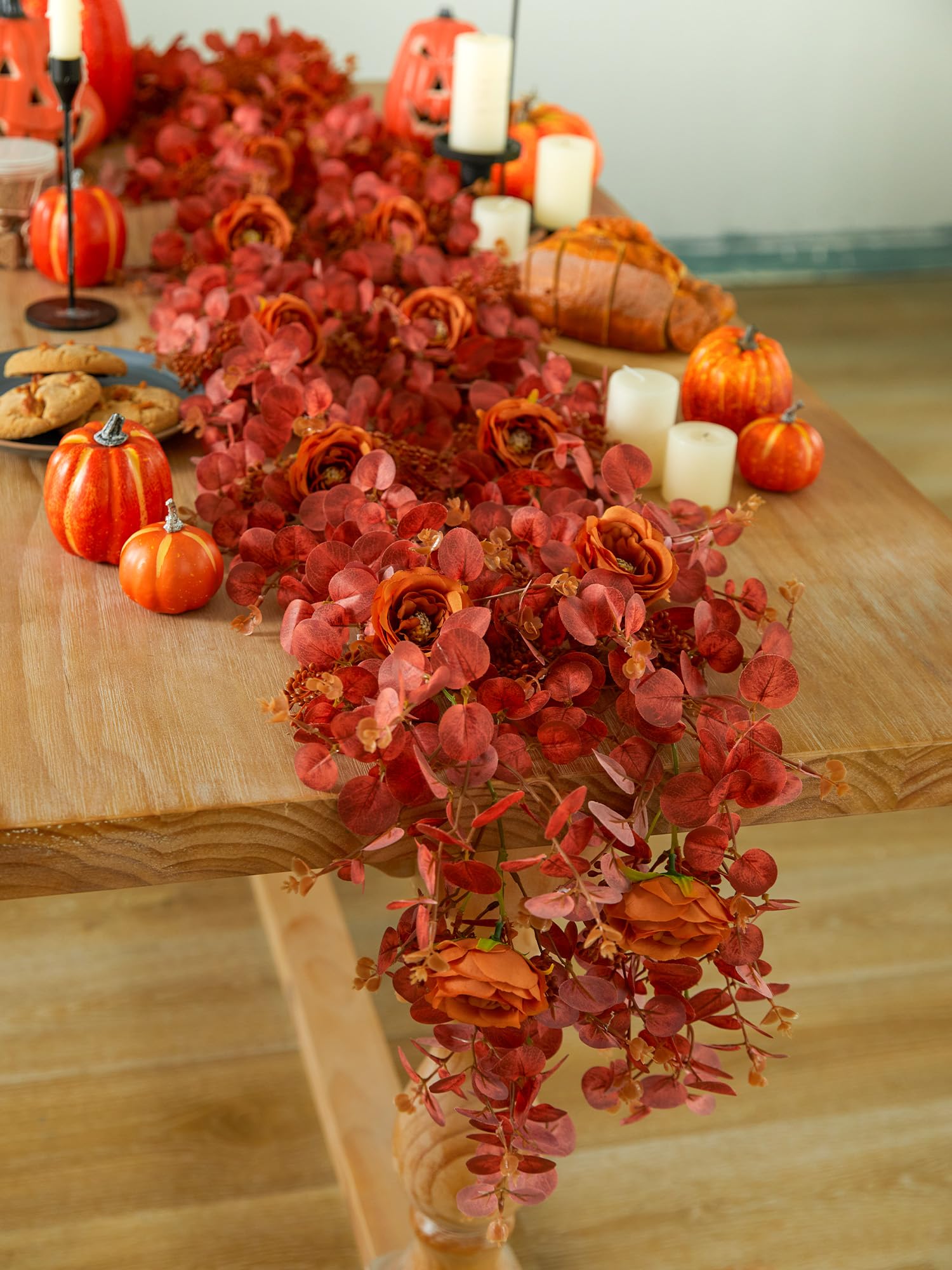 PARTY JOY 6.56ft Fall Decor Orange Eucalyptus Garland with Flowers 8 Orange Roses, Fall Garland Artificial Fake Flowers Floral Vines for Autumn Decor